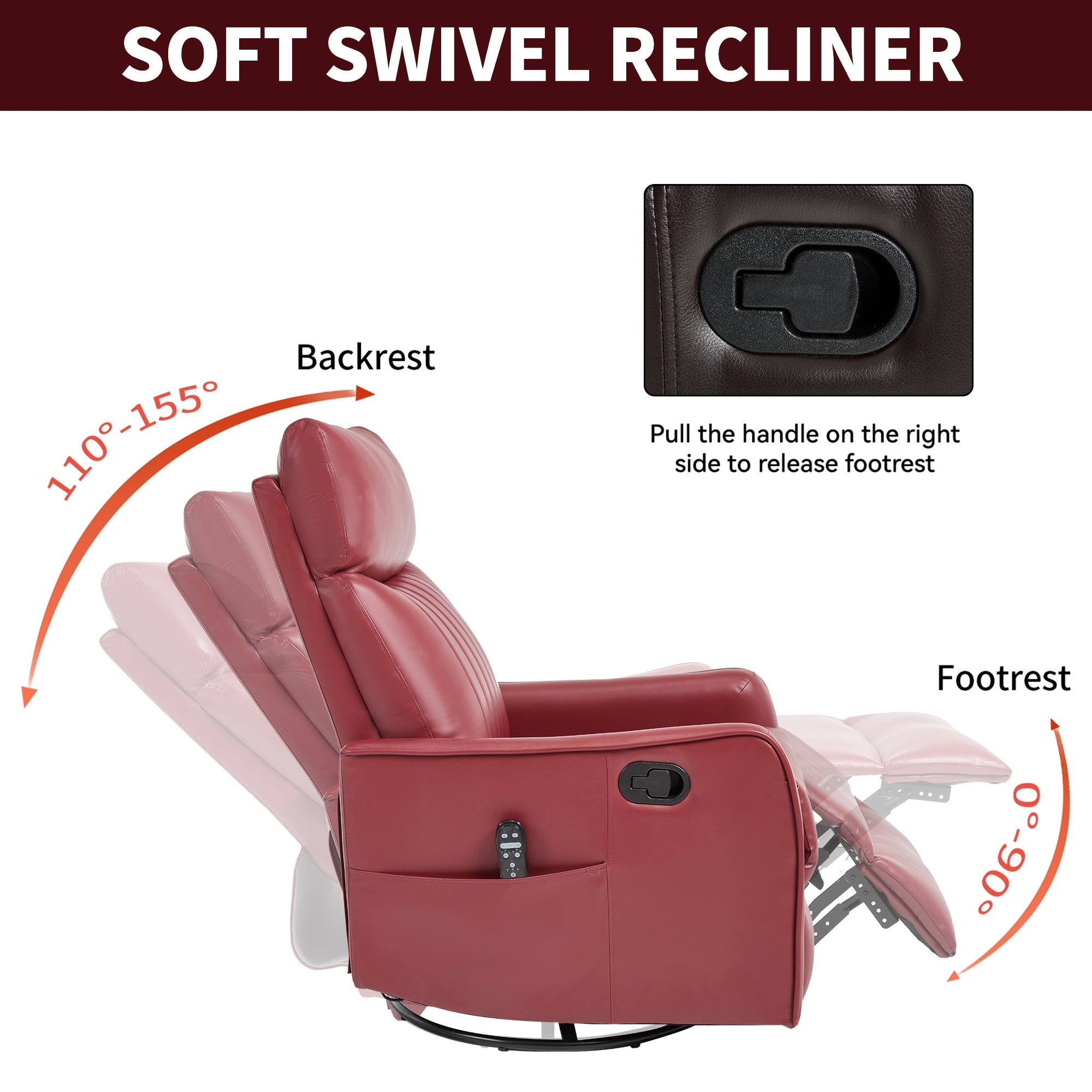 Red Faux Leather Heat Massage Manual Recliner Chair with Rocker and Swivel for Living Room - Grand Goldman Shop