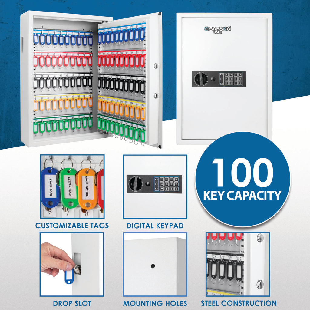 Digital Keypad Wall Safe Key Cabinet with 100 Key Capacity in White Steel | Premium Home Decor - Grand Goldman