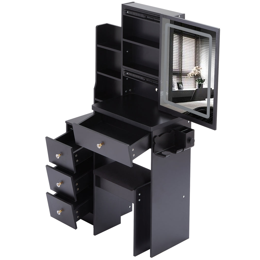 29.2' Small Size Bedside Cabinet Vanity Table + Cushioned Stool, 2 AC+2 USB Power Station, Hair dryer bracket, Extra Large Touch Control Sliding LED Mirror, 3-color Switching, EPA, GCC, UL Certificate - Grand Goldman Shop