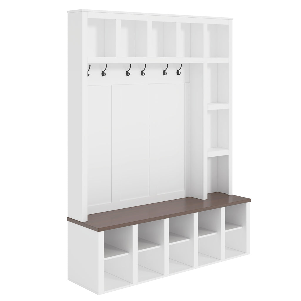 Farmhouse Wooden Hall Tree with 6 Hooks, Walnut Storage Bench with Adjustable Shelves, 4-in-1 Entryway Shoe Cabinet with Cubbies for Mudroom, Living Room, White, 76.7'H (OLD SKU: N721S000044K) - Grand Goldman Shop
