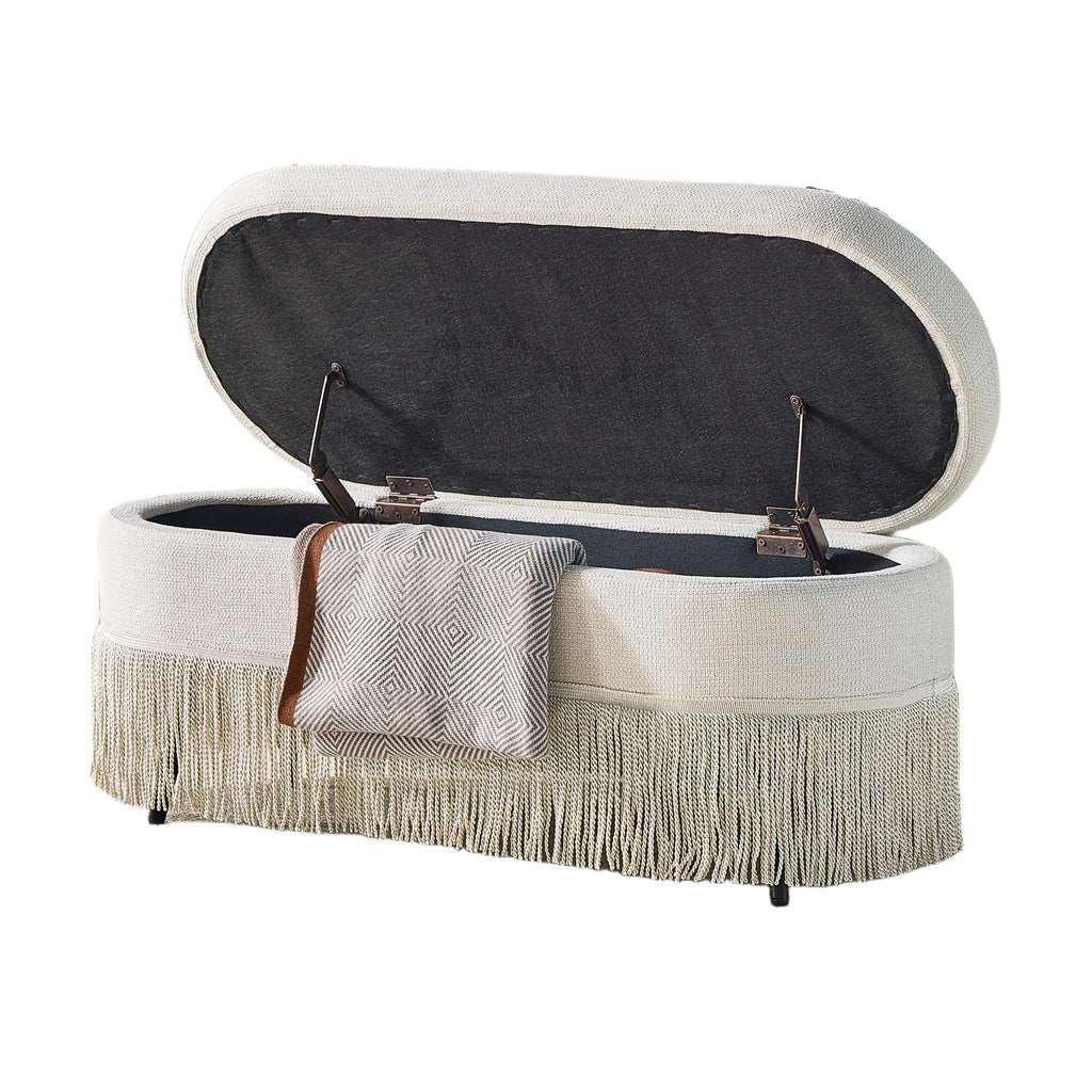 Oval Upholstered Storage Ottoman with Fringe Trim & Lift-Top Lid - 39'L x 16'W x 17'H, Multi-Functional Footrest & Hidden Storage for Living Room or Bedroom - Beige Fabric with Metal Frame - Grand Goldman Shop