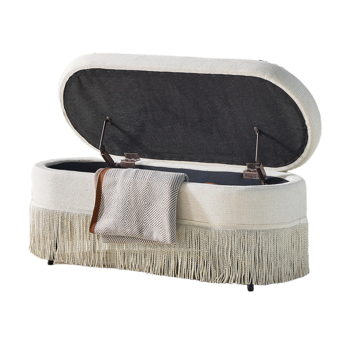 Oval Upholstered Storage Ottoman with Fringe Trim & Lift-Top Lid - 39'L x 16'W x 17'H, Multi-Functional Footrest & Hidden Storage for Living Room or Bedroom - Beige Fabric with Metal Frame - Grand Goldman Shop