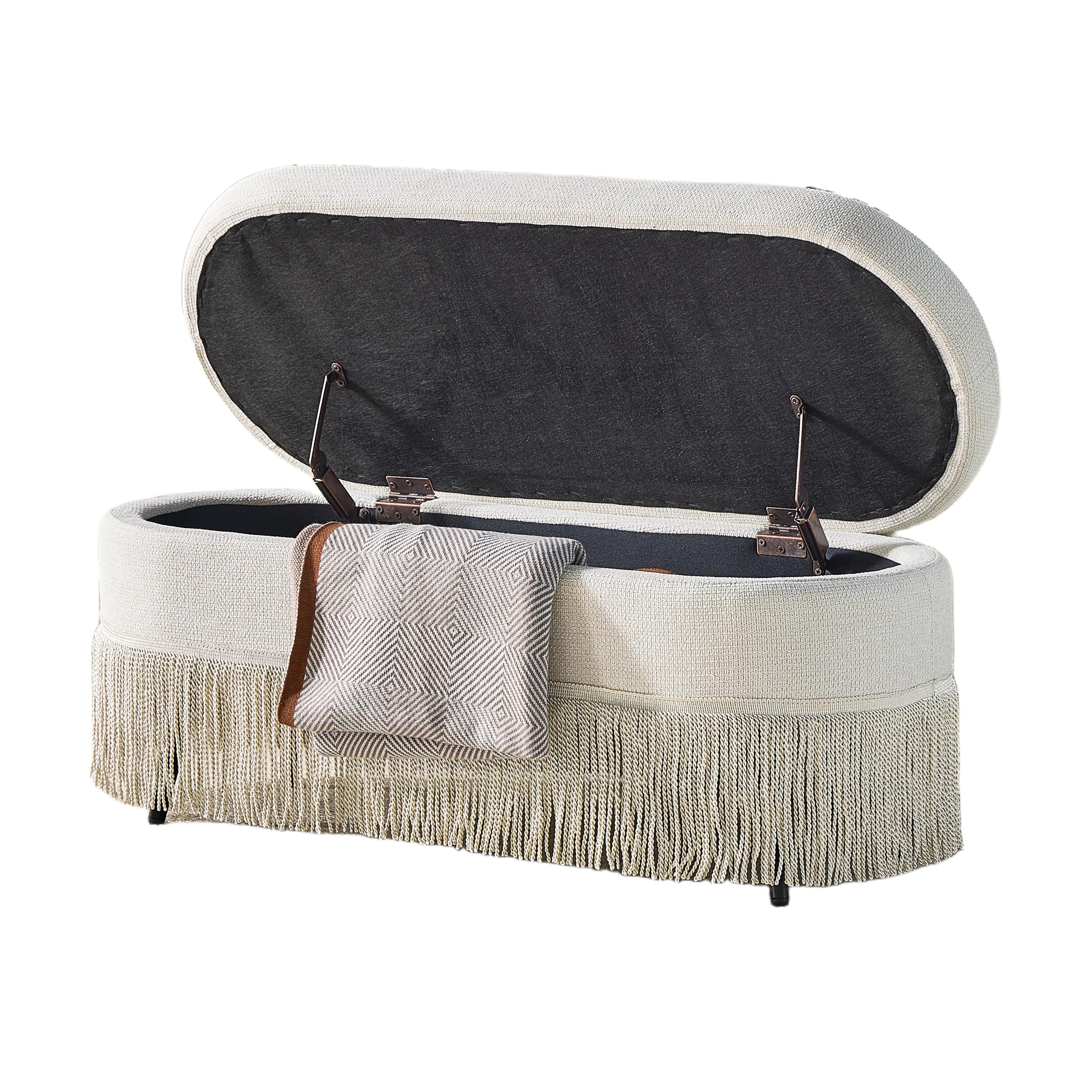 Oval Upholstered Storage Ottoman with Fringe Trim & Lift-Top Lid - 39'L x 16'W x 17'H, Multi-Functional Footrest & Hidden Storage for Living Room or Bedroom - Beige Fabric with Metal Frame - Grand Goldman Shop