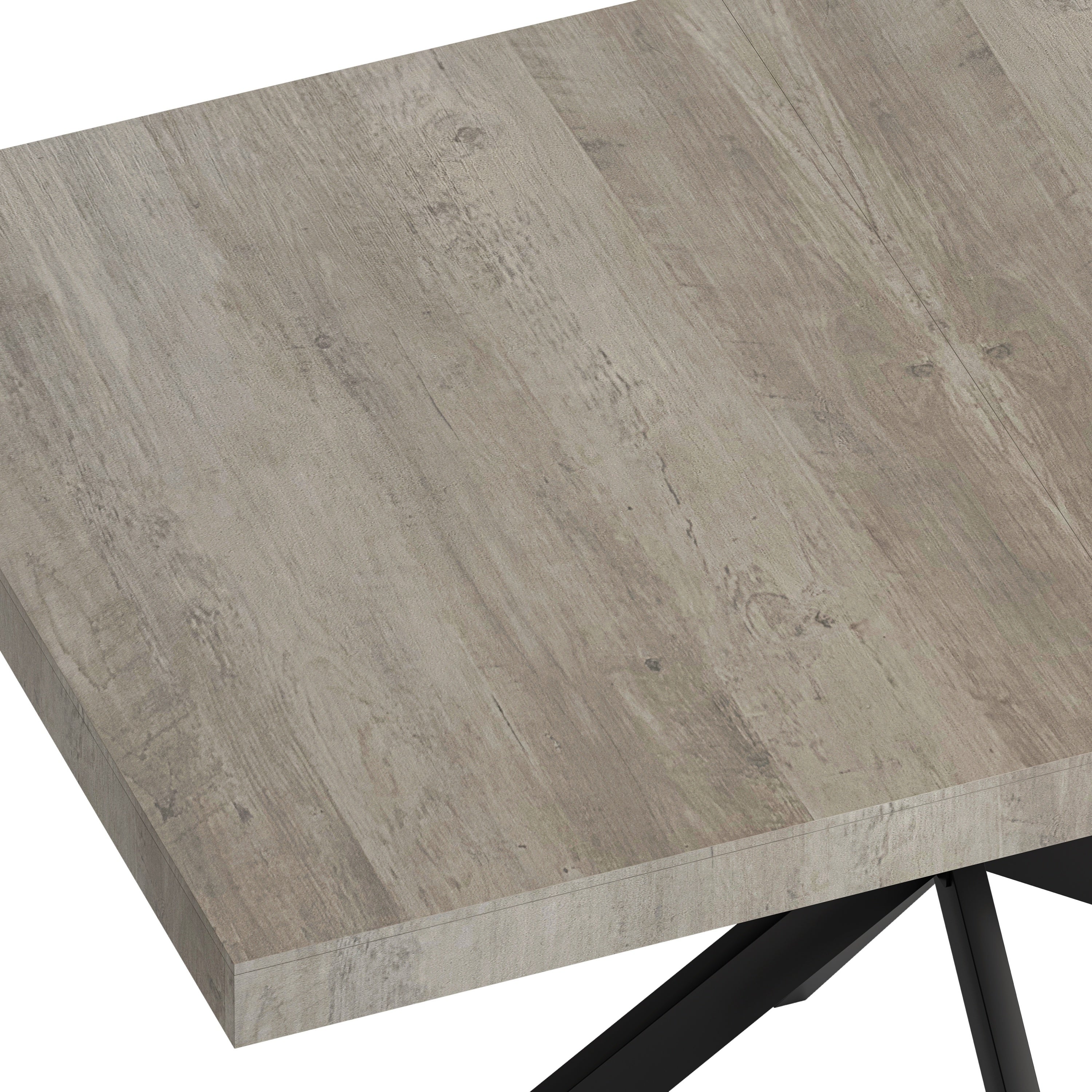 Retro Rectangular Stretch Dining Table in Grey Carole Top with Black Embossed Center Plate and Black Fine Sand Cross Iron Base, Storage Box Included, 55.11''-70.86'' Expandable - Grand Goldman Shop