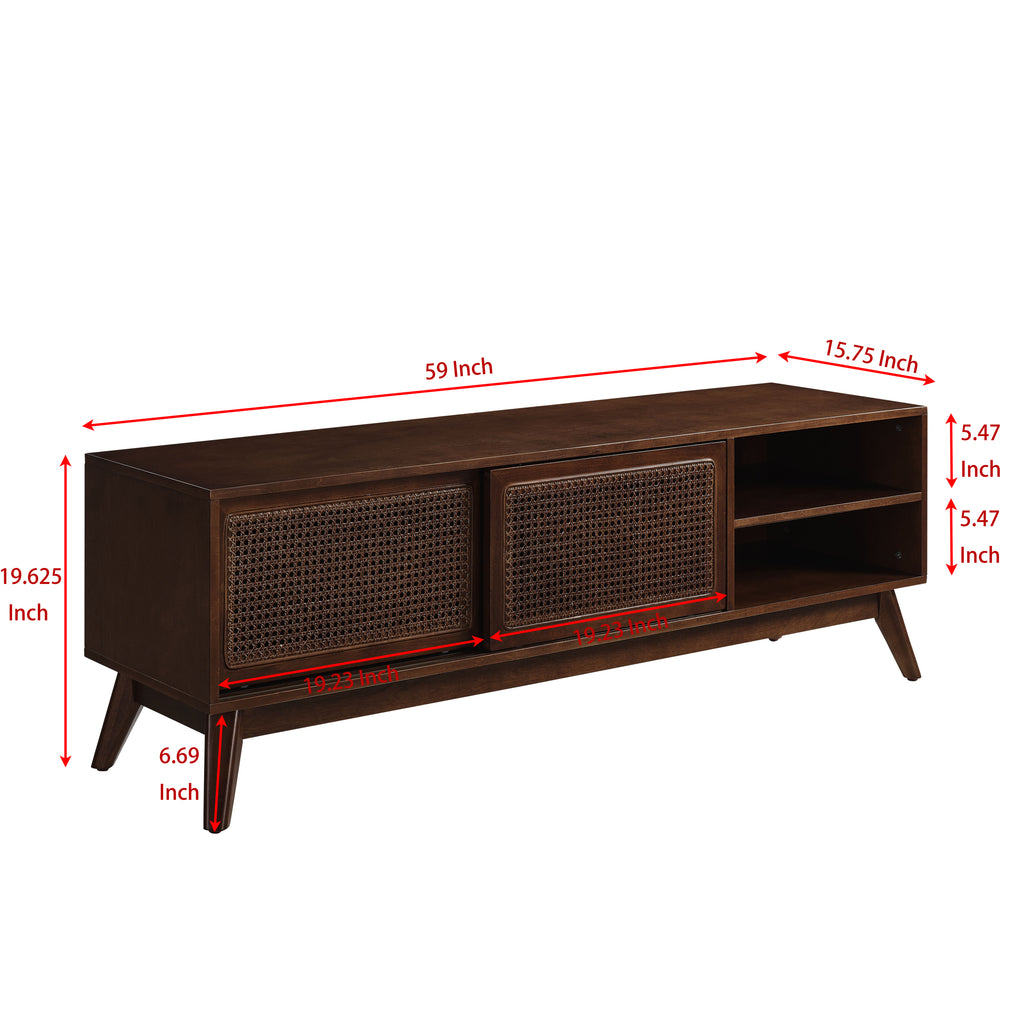 59 Inch Mid Century Modern Rattan TV Stand for 65 Inch TV, Entertainment Cabinet, Media Console for Living Room Media Room, Solid Wood Feet & Rattan Cabinet Doors - Dark Wood - Grand Goldman Shop