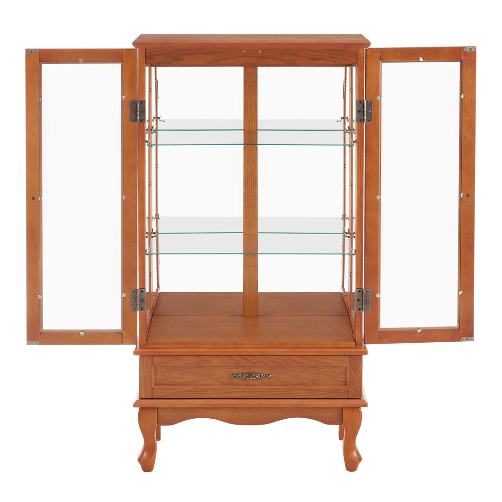 Lighted Glass Cabinet Glass Wine Cabinet Curio Display Cabinet with Adjustable Glass Shelves 2 Doors and 1 drawer Cabinet Bulb Included OAK - Grand Goldman Shop