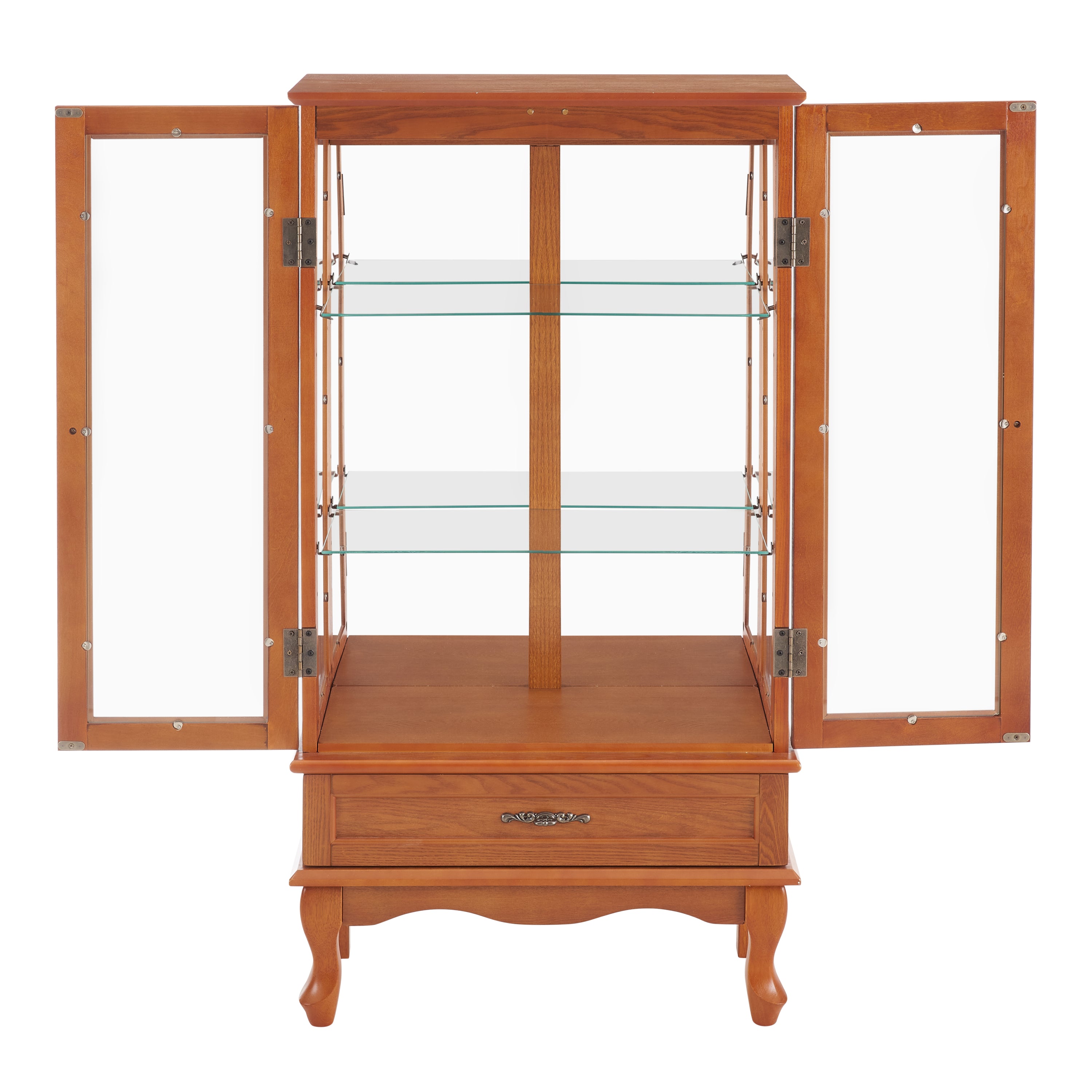 Lighted Glass Cabinet Glass Wine Cabinet Curio Display Cabinet with Adjustable Glass Shelves 2 Doors and 1 drawer Cabinet Bulb Included OAK - Grand Goldman Shop
