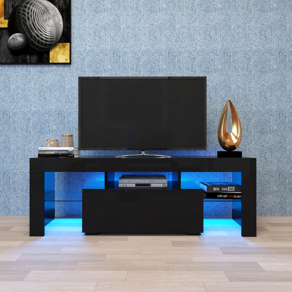 Black TV Stand with LED RGB Lights,Flat Screen TV Cabinet, Gaming Consoles - in Lounge Room, Living Room and Bedroom(Black) - Grand Goldman Shop