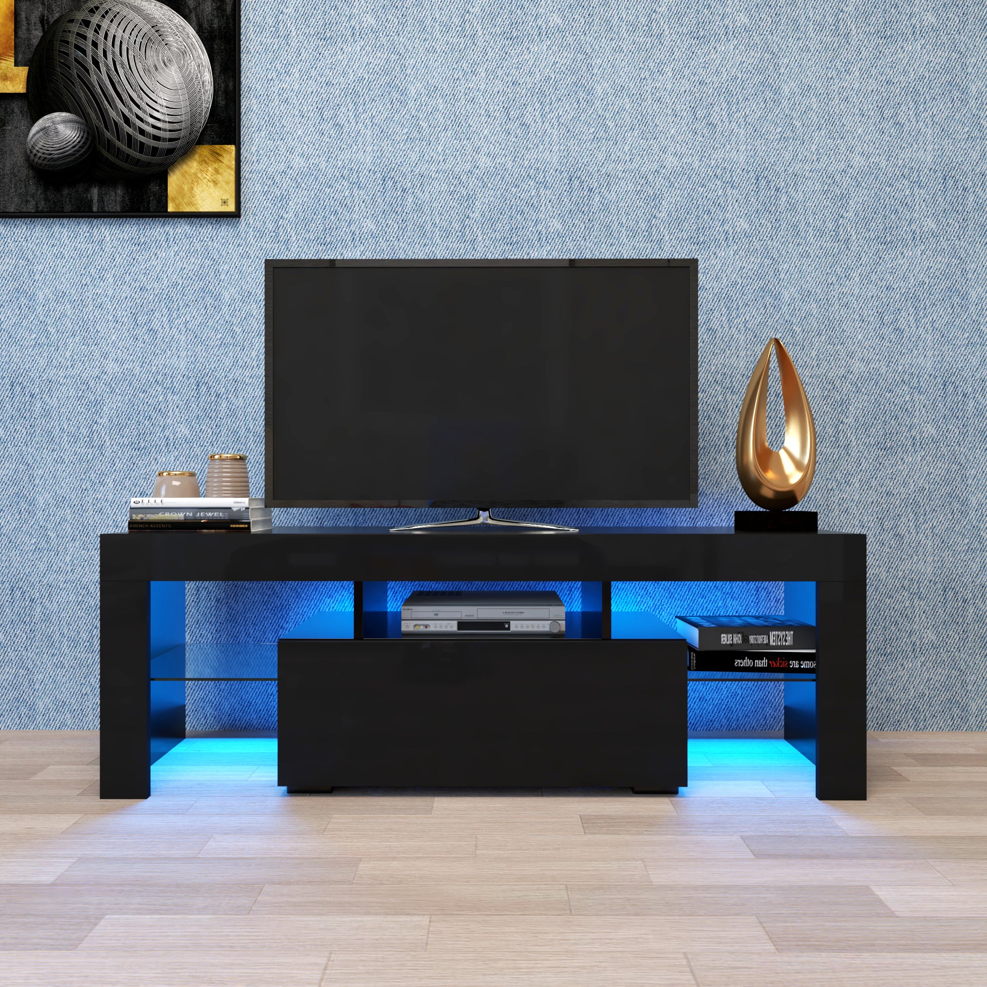 Black TV Stand with LED RGB Lights,Flat Screen TV Cabinet, Gaming Consoles - in Lounge Room, Living Room and Bedroom(Black) - Grand Goldman Shop