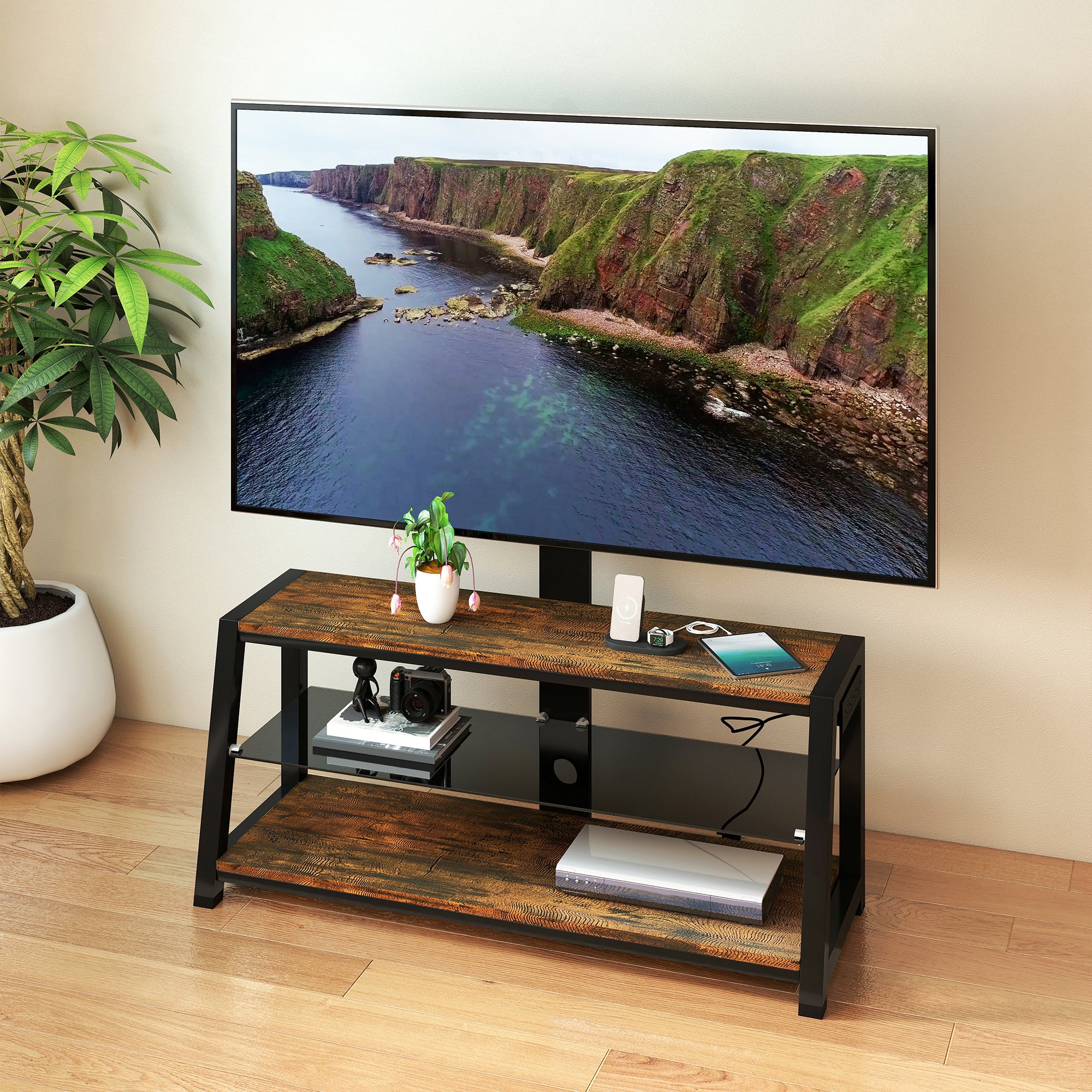Wooden Storage TV Stand Black Tempered Glass Height Adjustable Universal Swivel Entertainment Center With Mount TV Stand, Rustic Browm - Grand Goldman Shop