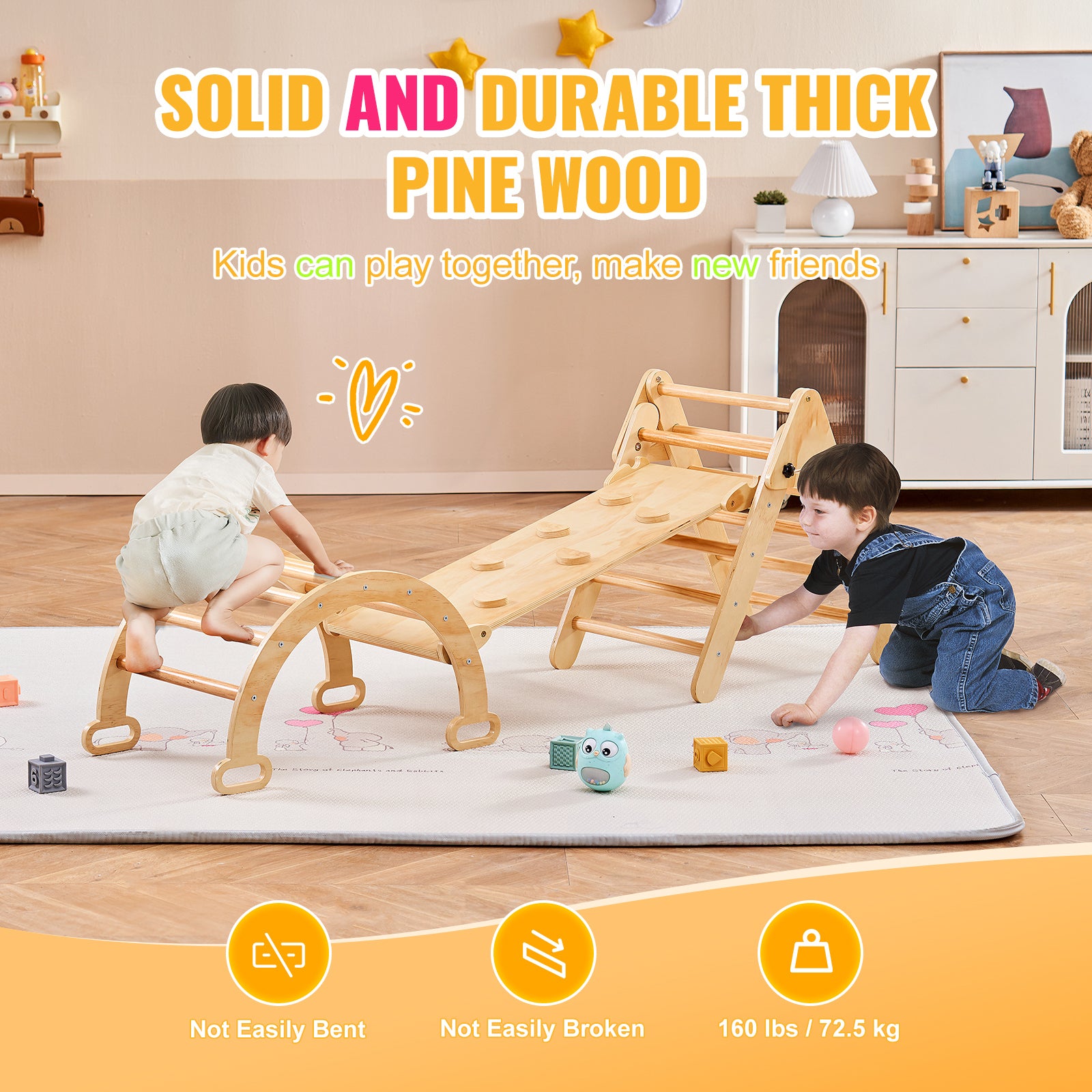Pikler Triangle Set, 5 in 1 Toddler Climbing Toys Indoor Playground, Ramp, and Arch, Montessori Climbing Set with Triangle, M