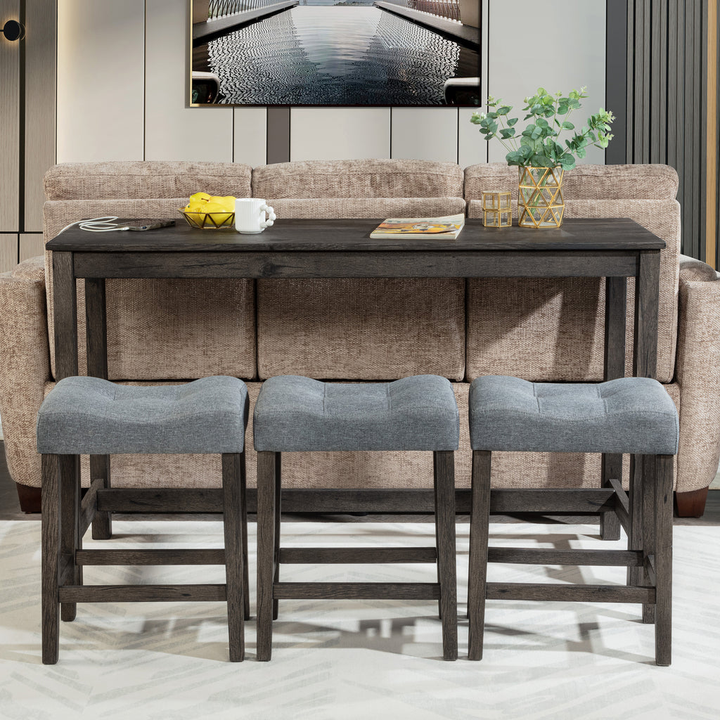4 Piece Bar Table Set with Power Outlet, Bar Table Set with Chairs, Sofa Bar Table with Stools, Behind Couch Table with 3 Padded Stools, for Living Room, Dining room, Dark Gray - Grand Goldman Shop
