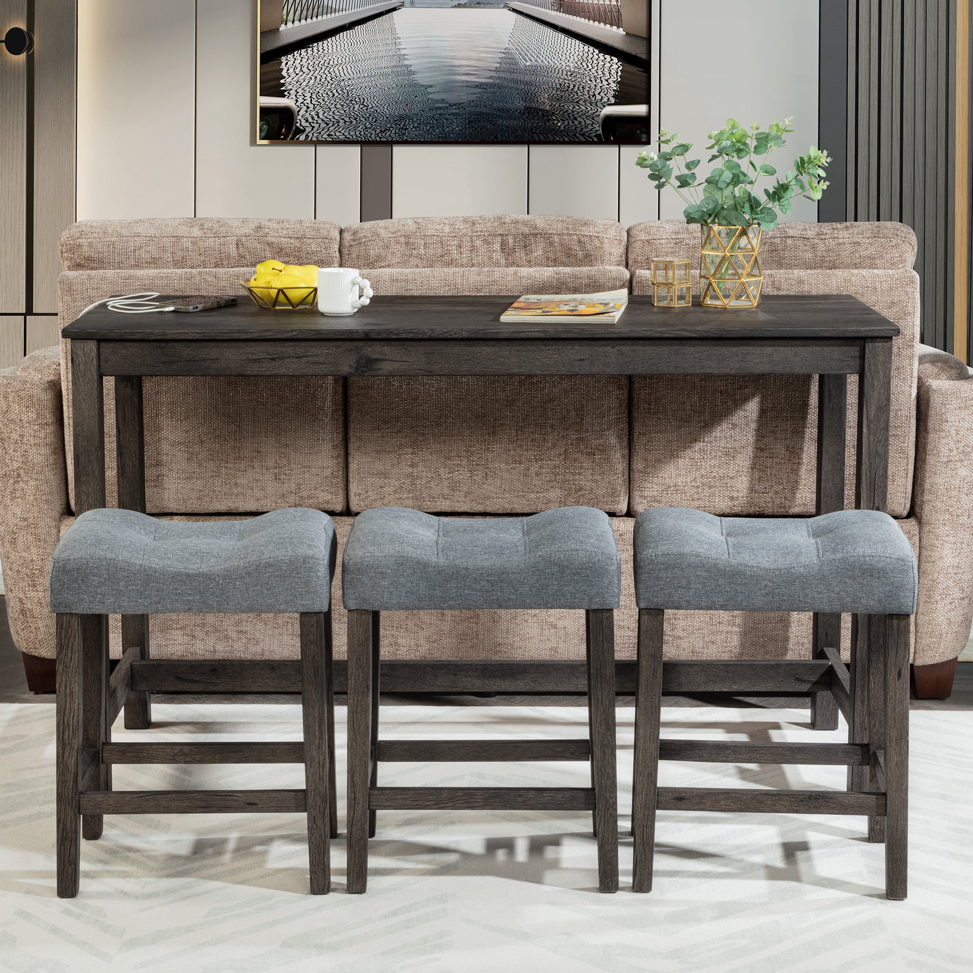 4 Piece Bar Table Set with Power Outlet, Bar Table Set with Chairs, Sofa Bar Table with Stools, Behind Couch Table with 3 Padded Stools, for Living Room, Dining room, Dark Gray - Grand Goldman Shop