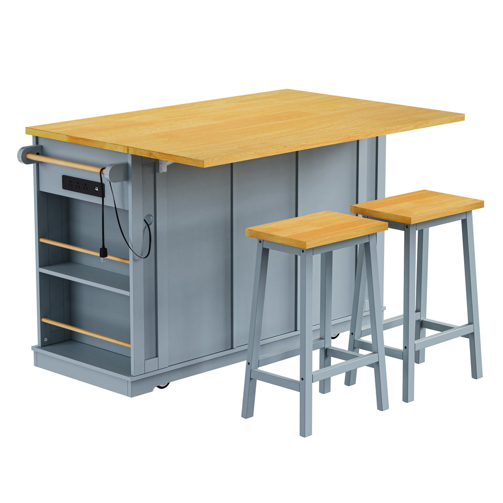 K&K 53inch Large Kitchen Island with 2 Bar Stools,Power Outlet,Door Internal Storage Rack,Kitchen Storage Cart on 5 Wheels with Drop Leaf,5 Open Side Racks,3 Drawers,Grey Blue (Three Packages) - Grand Goldman Shop