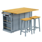K&K 53inch Large Kitchen Island with 2 Bar Stools,Power Outlet,Door Internal Storage Rack,Kitchen Storage Cart on 5 Wheels with Drop Leaf,5 Open Side Racks,3 Drawers,Grey Blue (Three Packages) - Grand Goldman Shop
