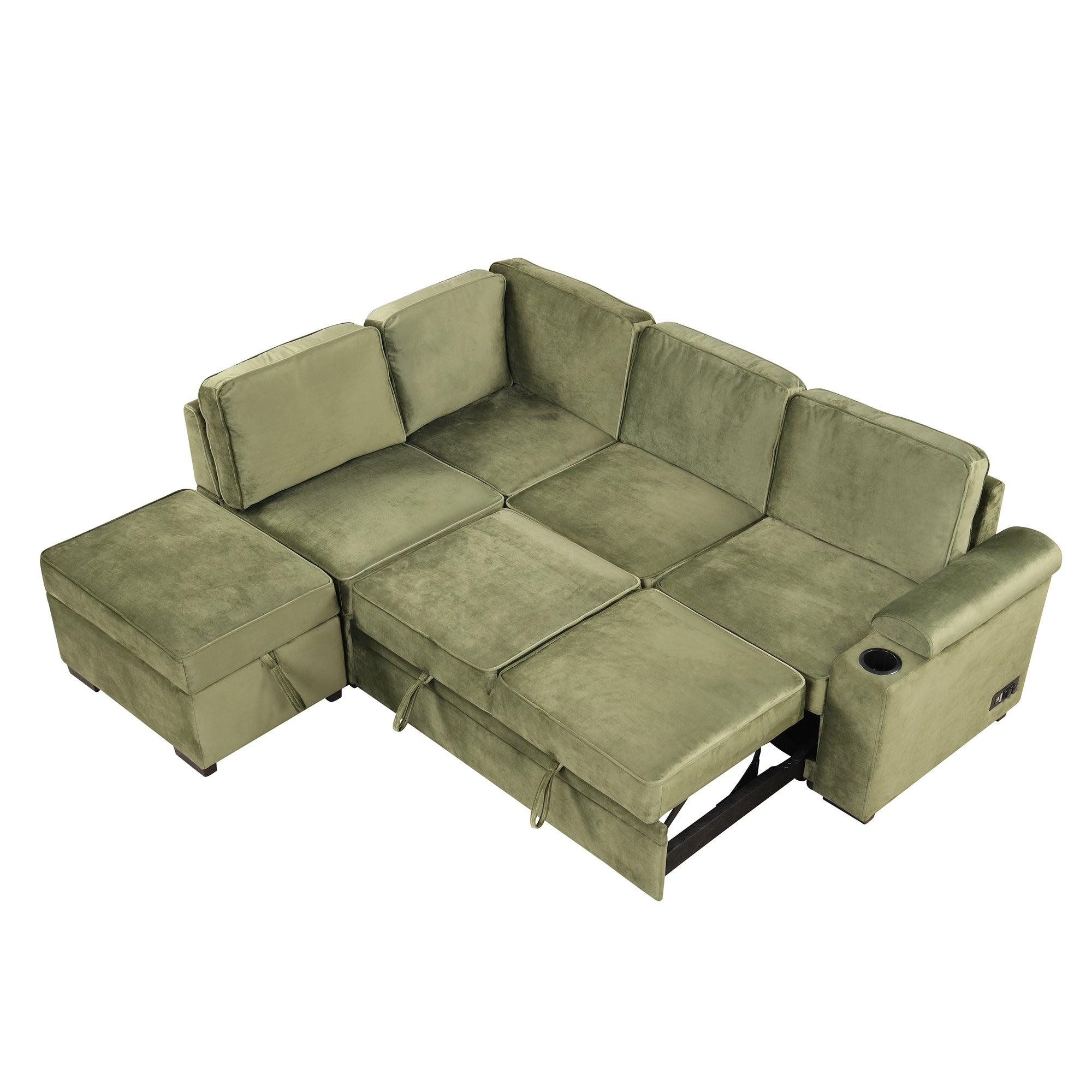 Green Velvet Sleeper Sofa Bed with Storage Ottoman, L Shape Pull Out Couch for Living Room and Bedroom - Grand Goldman Shop