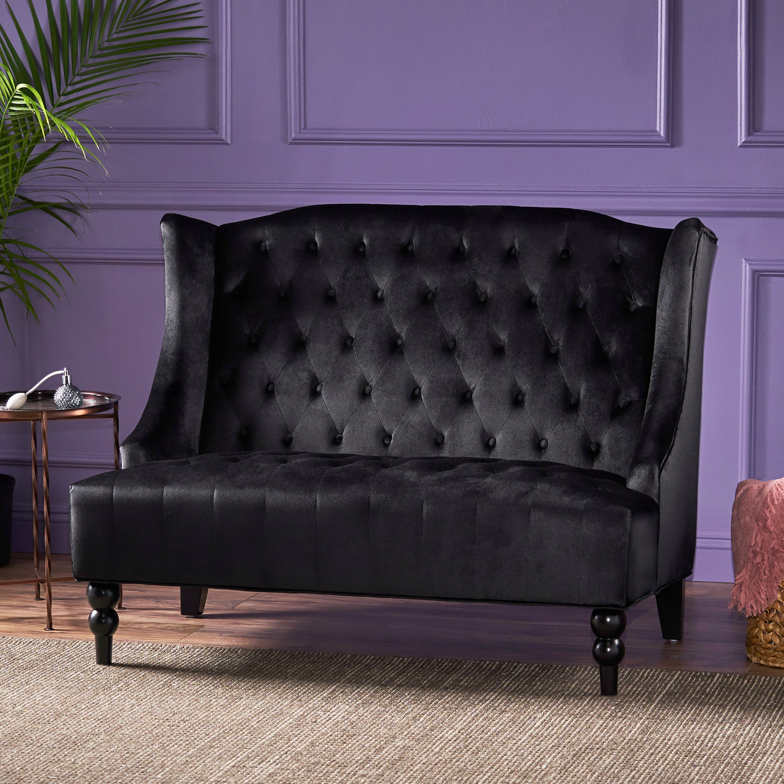 Nurturing Upholstered Loveseat with Wing Back and Diamond Tufting, Black - Grand Goldman Shop