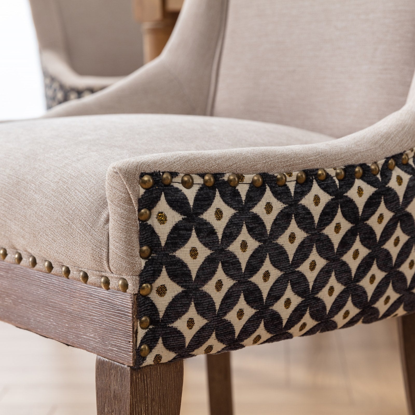 A&A Furniture, Ultra Side Dining Chair, Thickened fabric chairs with neutrally toned solid wood legs, Bronze nail head, Set of 2, Beige and Patterned,SW2207BG - Grand Goldman Shop