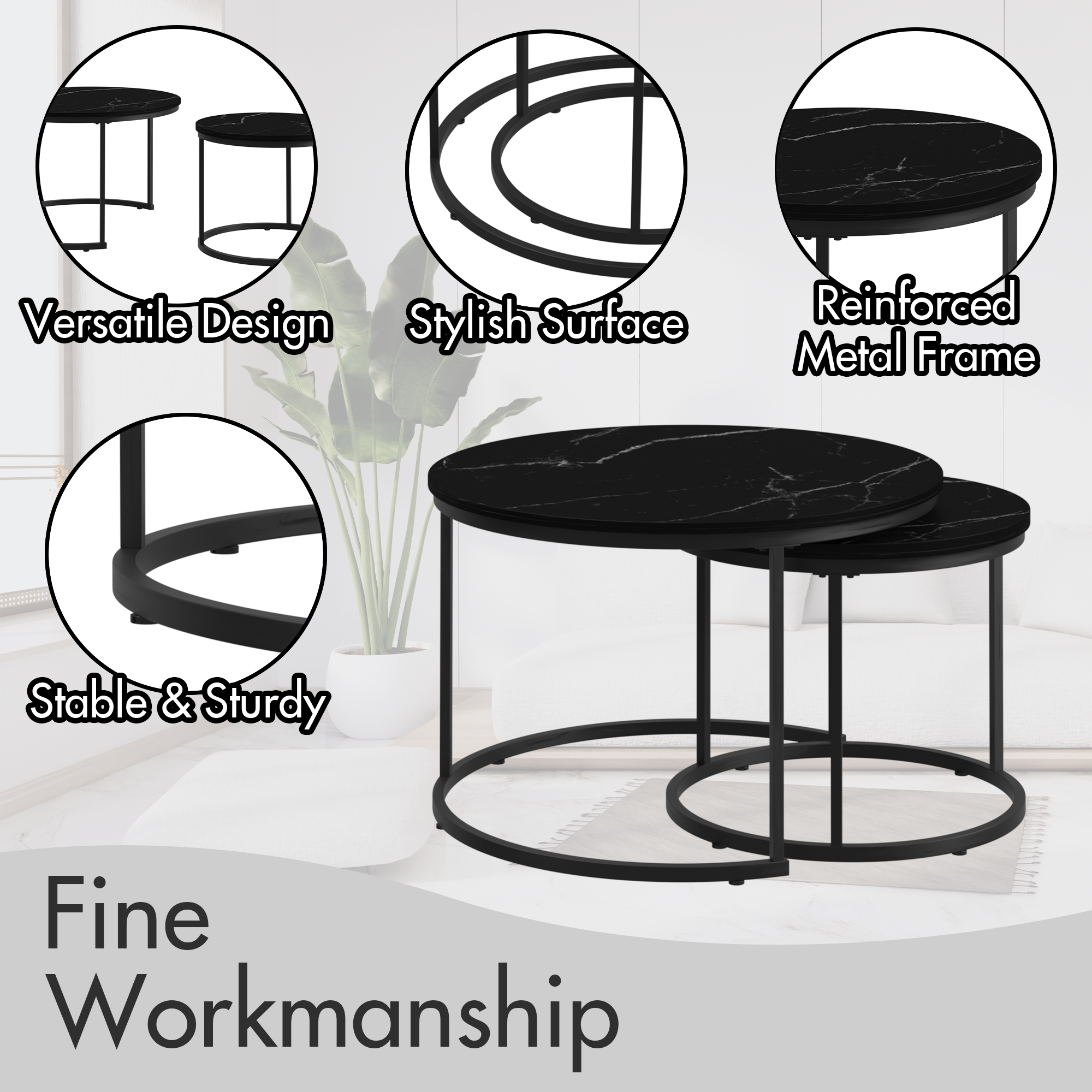 Nesting Coffee Table Set of 2, 27.6in Round Wood Marble Pattern Top with Sturdy Metal Frame, Black Living Room Side Tables for Bedroom Balcony Yard - Grand Goldman Shop