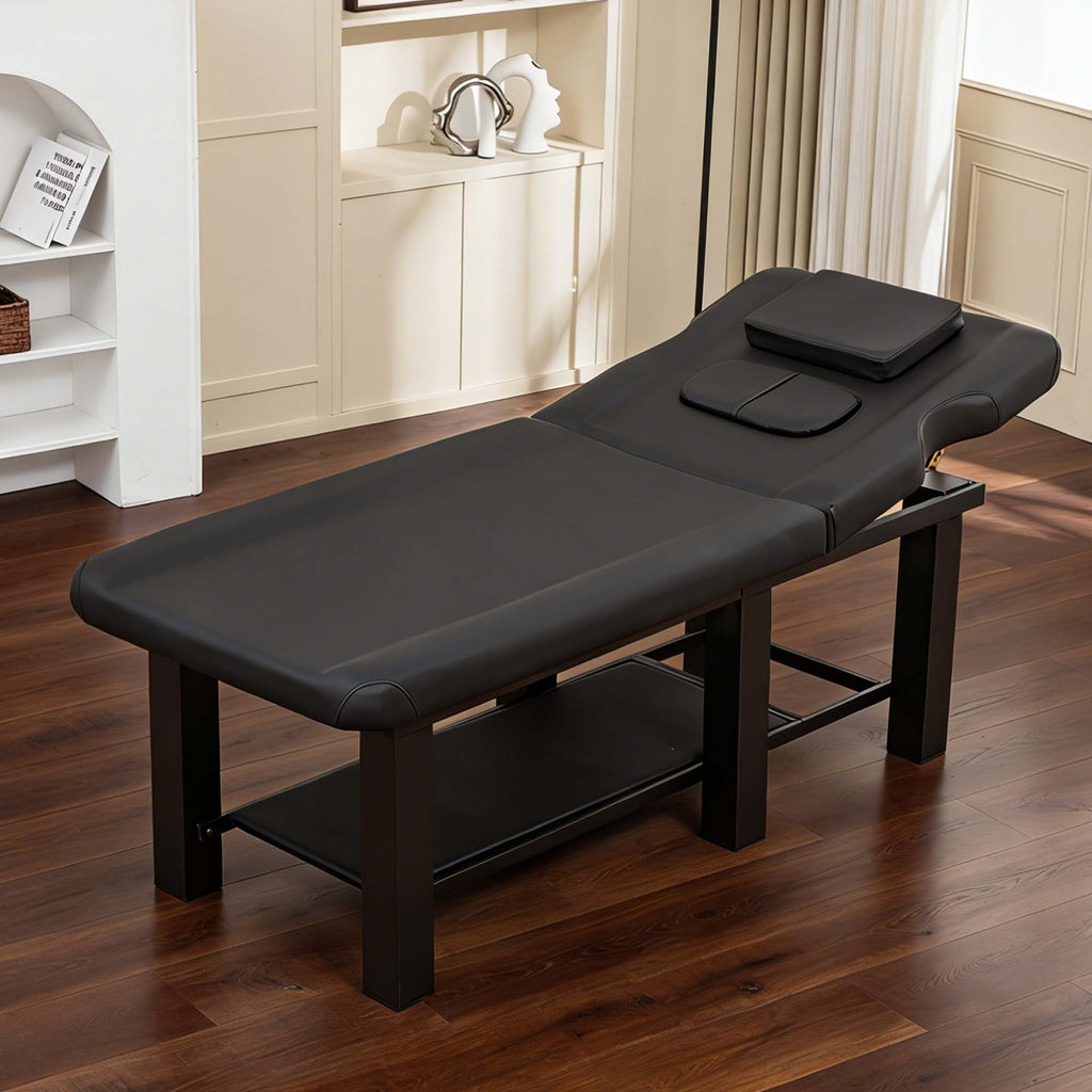Spa Salon Massage Table with Bottom Storage, Adjustable Backrest (0-15°) & Detachable Headrest, High-Resiliency Waterproof Cu
