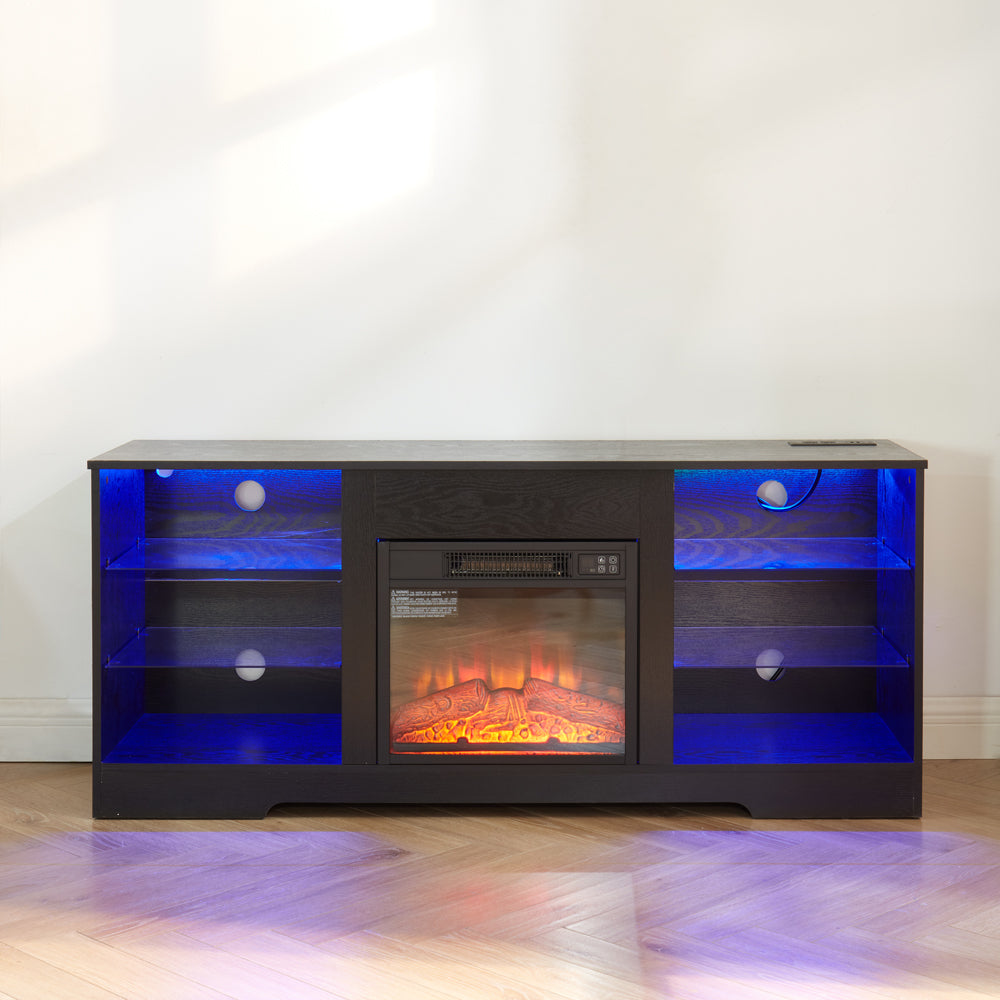 TV Stand Electric Fireplace TV Stand with Glass Shelves, 3D Fireplace TV Stand with LED Lights Wood with USB Charging Outlet Modern Television Table Center for TV up to 32-62' Black 58''W*15.4''D*24.6 - Grand Goldman Shop