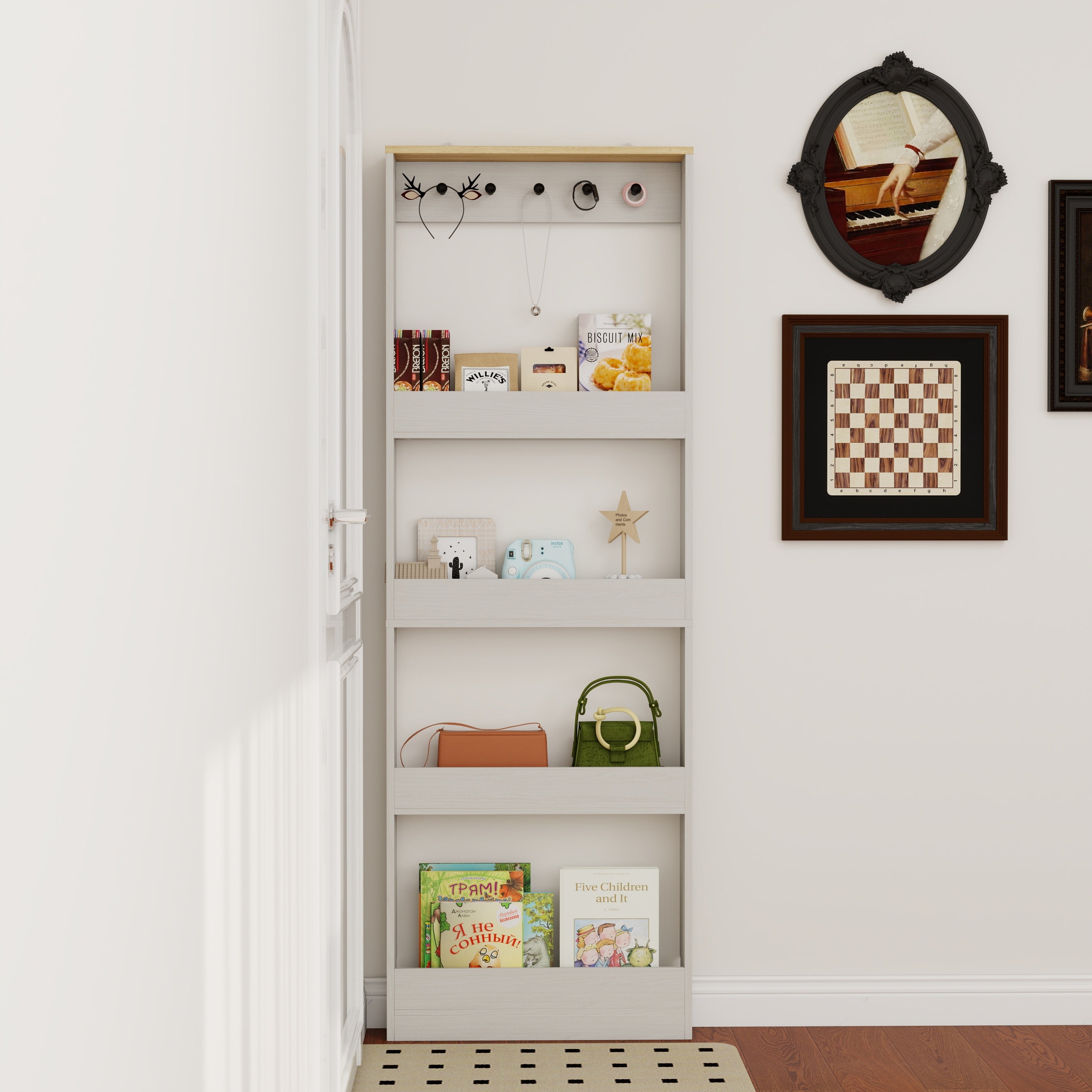 Behind The Door 69' Tall Bookcase with 4 Shelves and 5 hooks,  Space-Saving Narrow storage cabinet for Living Room, Children's Room, Study Room, Kitchen, Corridor-Antique White - Grand Goldman Shop