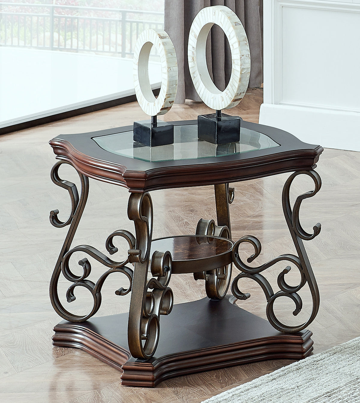 End table,  Glass table top, MDF W/marble paper middle shelf, powder coat finish metal legs. (26.3'Lx26.3'Wx24'H) - Grand Goldman Shop