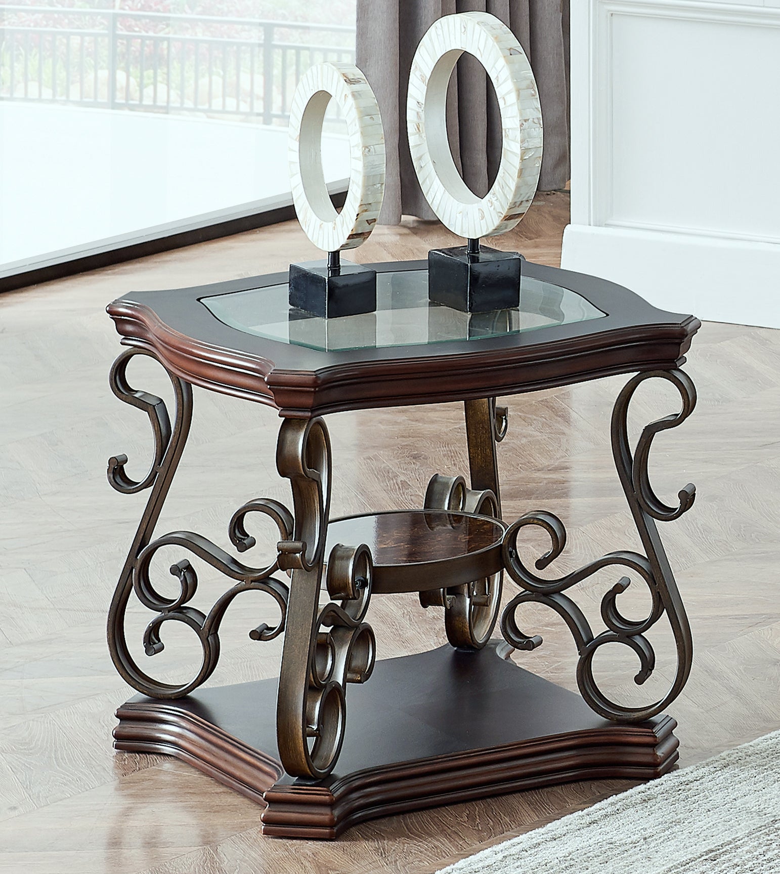 End table,  Glass table top, MDF W/marble paper middle shelf, powder coat finish metal legs. (26.3'Lx26.3'Wx24'H) - Grand Goldman Shop