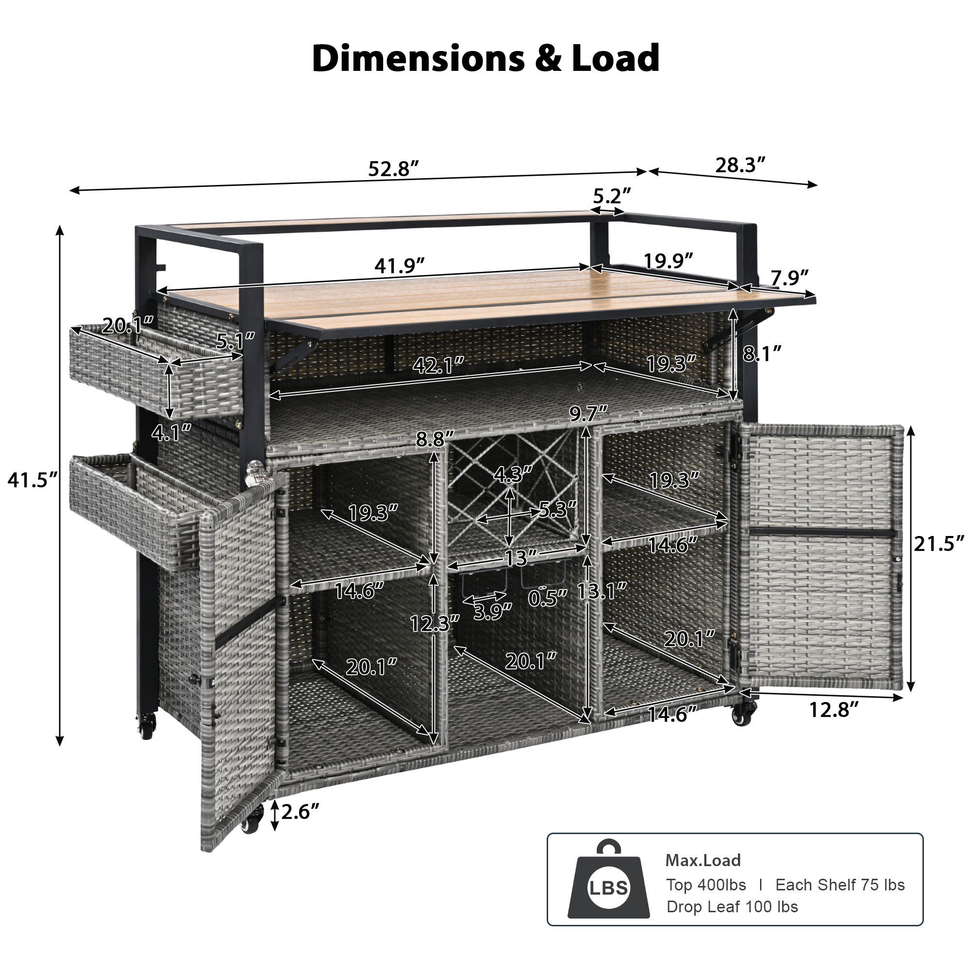 K&K 52.8'W Wicker Outdoor Grill Cart with Extended Plastic Wood Table Top, Rolling Kitchen Island on Wheels with Storage Cabinet, for Patio Backyard Garden Poolside, Double Handle Design, Grey - Grand Goldman Shop