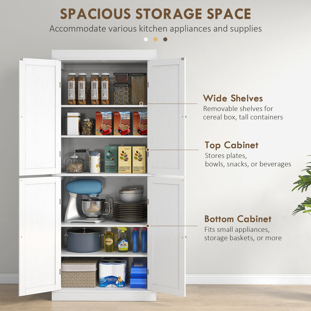 HOMCOM 72.5' Freestanding Kitchen Pantry Cabinet, Tall Storage Cabinet with 4 Doors and 2 Adjustable Shelves for Dining Room, White Wood Grain - Grand Goldman Shop