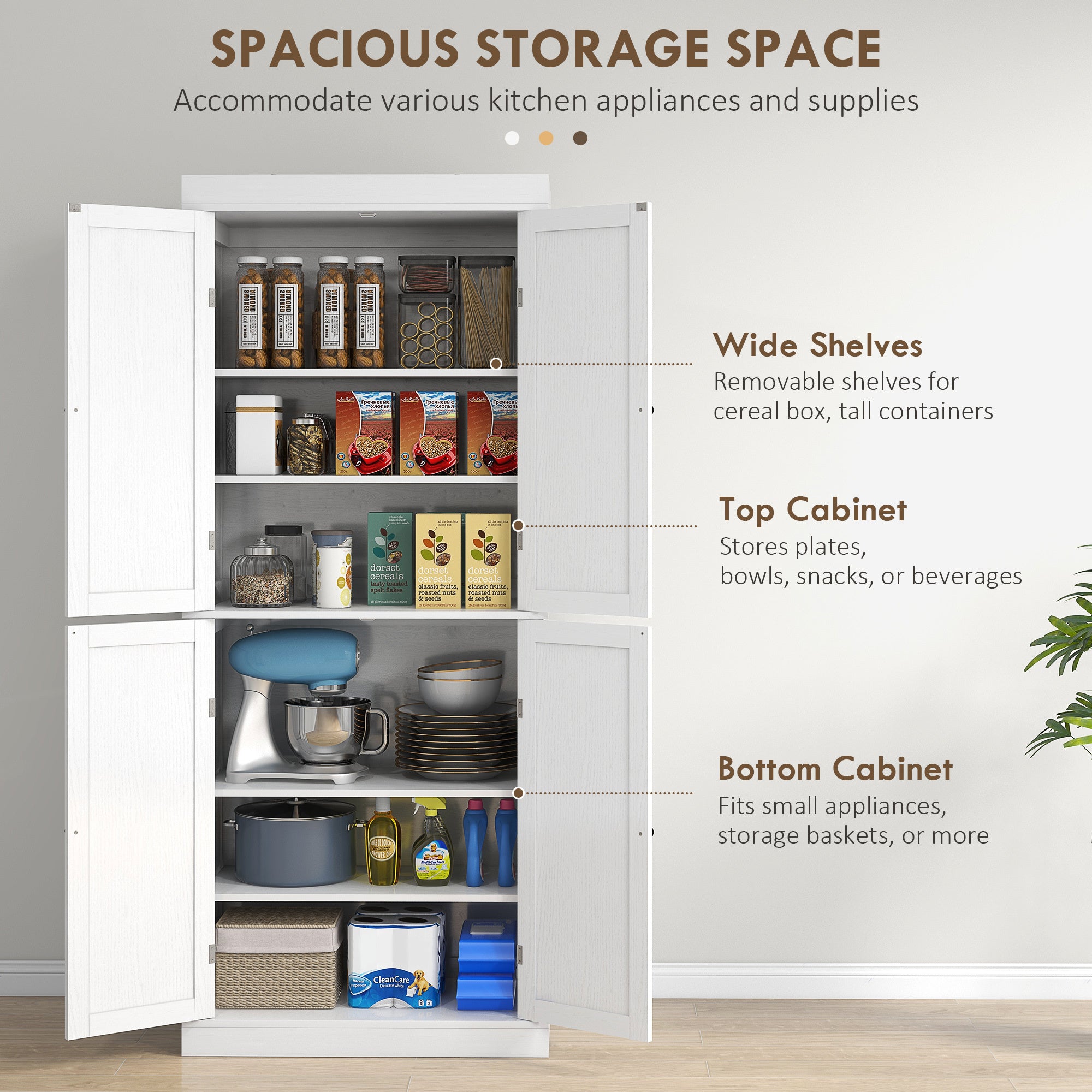 HOMCOM 72.5' Freestanding Kitchen Pantry Cabinet, Tall Storage Cabinet with 4 Doors and 2 Adjustable Shelves for Dining Room, White Wood Grain - Grand Goldman Shop