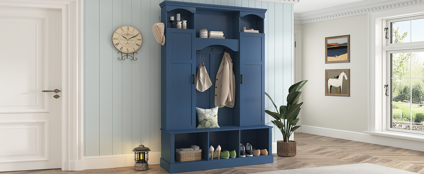 ON-TREND Modern All-in-One Hall Tree with Adjustable Shelves, Classic Arched Farmhouse Storage Bench with Dual Side Cabinets, Elegant Entryway Organizer with 7 Hooks for Mudroom, Hallway, Blue - Grand Goldman Shop