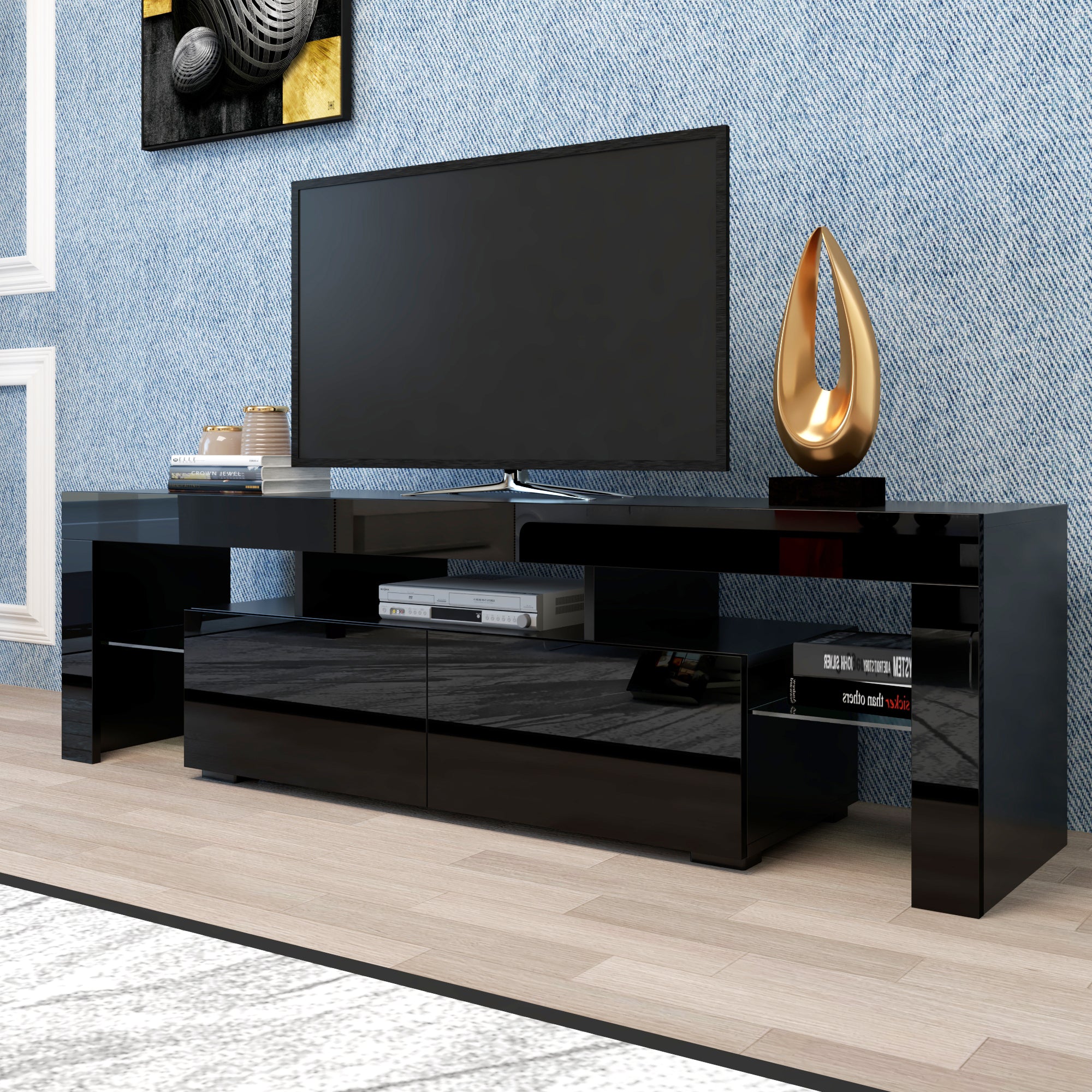 Modern Black TV Stand, 20 Colors LED TV Stand w/Remote Control Lights - Grand Goldman Shop
