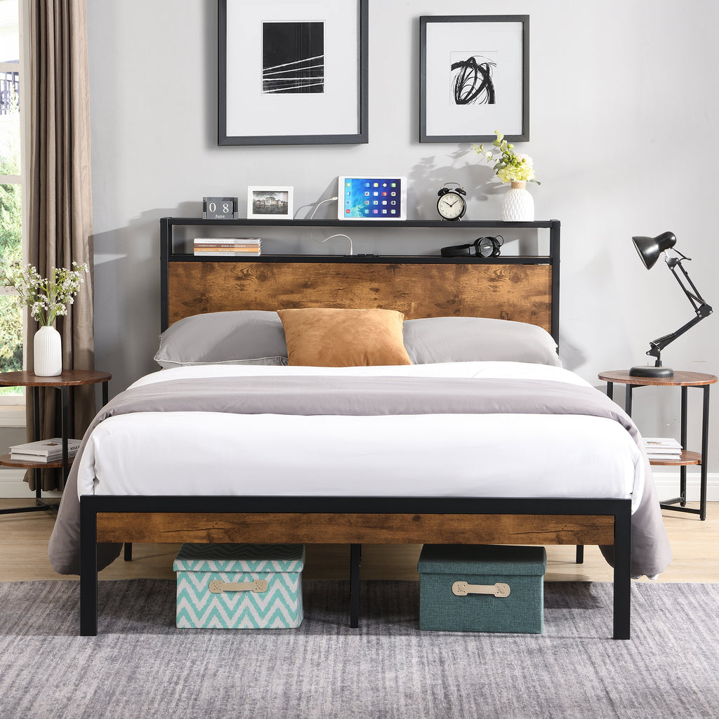 Modern Metal Platform Bed Frame with Wooden Headboard and Footboard, USB Liner, Queen Size, Black and Brown - Grand Goldman Shop