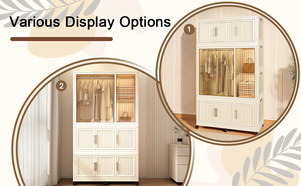 Portable Wardrobe Closet Storage Organizer with 9 Magnetic Doors, Cream White, - Grand Goldman Shop