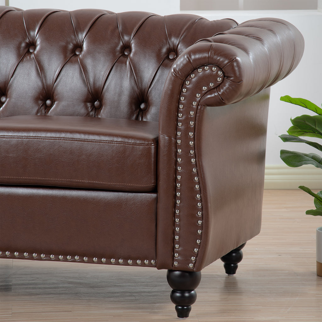 Dark Brown PU Rolled Arm Chesterfield Three Seater Sofa with Solid Wood Frame and Birch Legs - Grand Goldman Shop