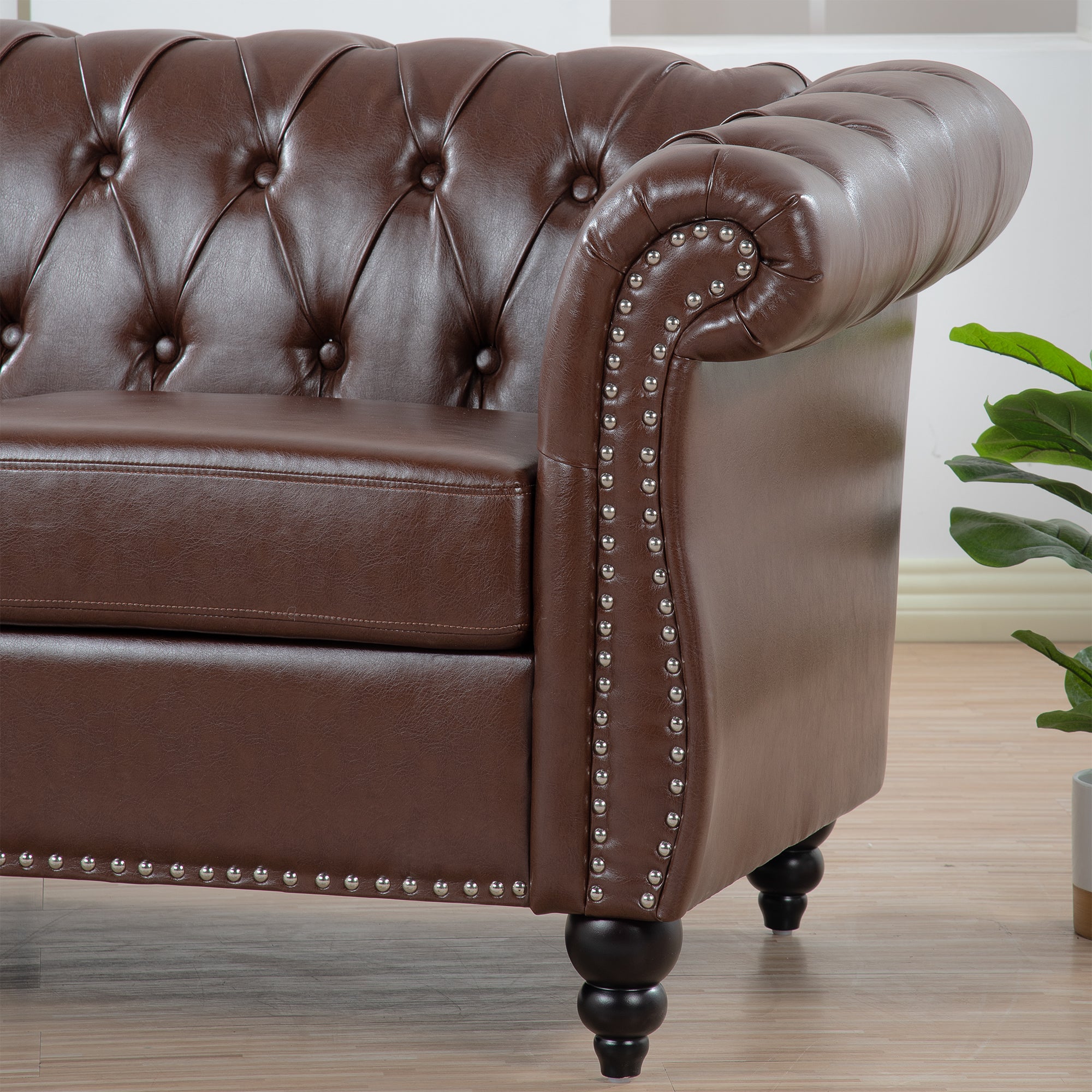 Dark Brown PU Rolled Arm Chesterfield Three Seater Sofa with Solid Wood Frame and Birch Legs - Grand Goldman Shop