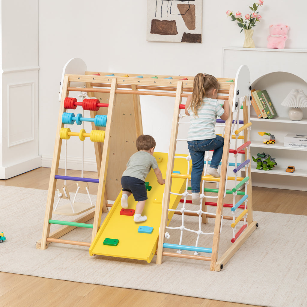 9-in-1 Foldable Kids Climbing Frame & Slide, Wooden Toddler Playground with Swing, Monkey Bars, Climbing Rock, Abacus Game – 