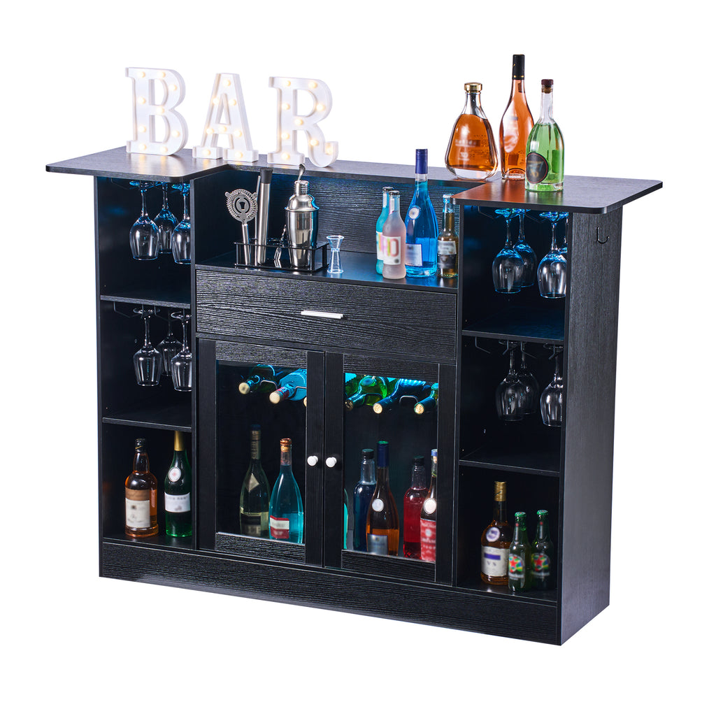 Home Bar Unit, Wine Bar Cabinet Table 4-Tier with Storage Drawer Shelves, Wine Glass Holder, Bottle Rack, LED Light, Wood & Metal Liquor Cabinet for Home, Basement, Kitchen, Living Room, Black - Grand Goldman Shop