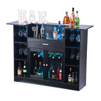 Home Bar Unit, Wine Bar Cabinet Table 4-Tier with Storage Drawer Shelves, Wine Glass Holder, Bottle Rack, LED Light, Wood & Metal Liquor Cabinet for Home, Basement, Kitchen, Living Room, Black - Grand Goldman Shop