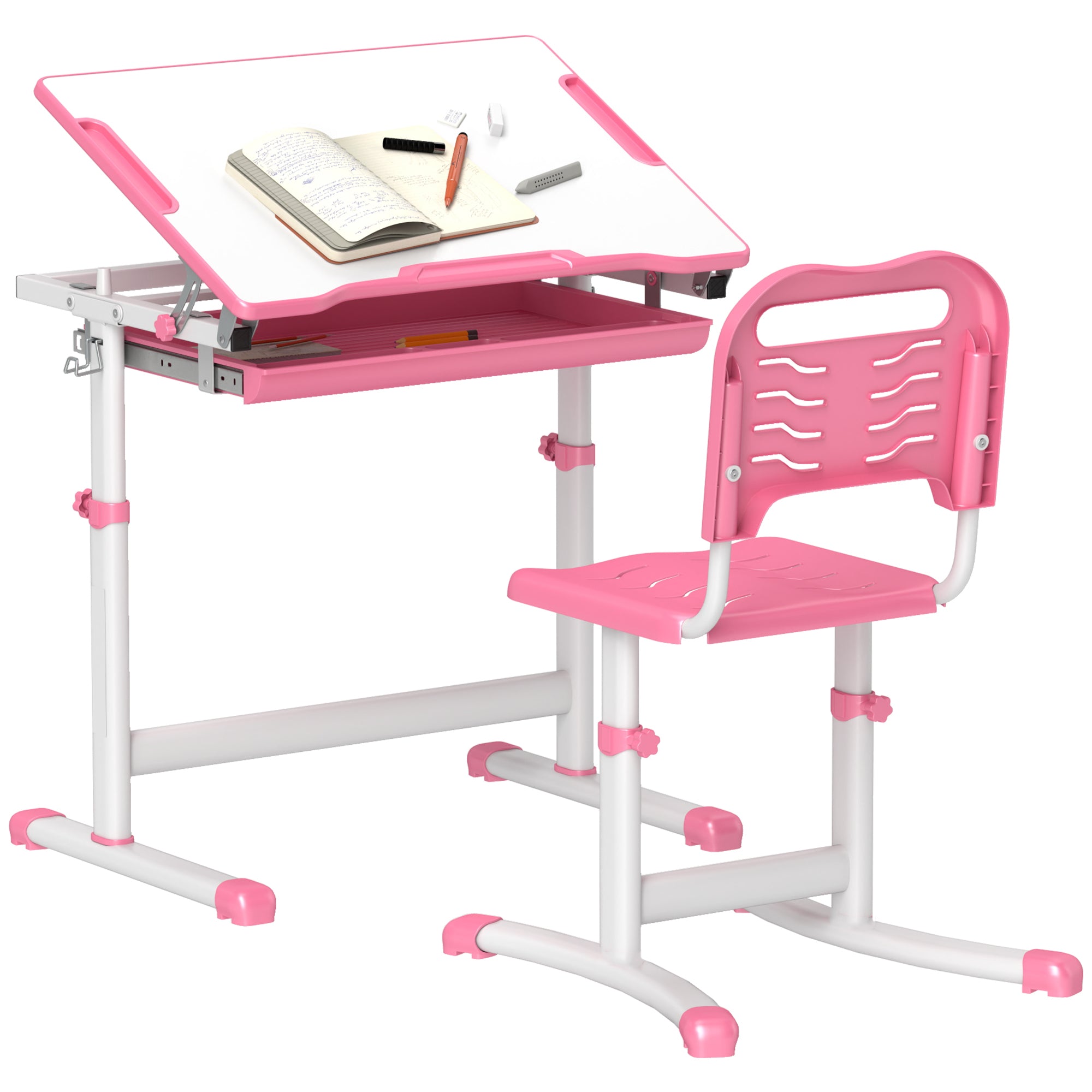Qaba Kids Desk and Chairs Set, Height Adjustable Children School Study Desk with Tilt Desktop, Storage Drawer, Pen Slot, Hook
