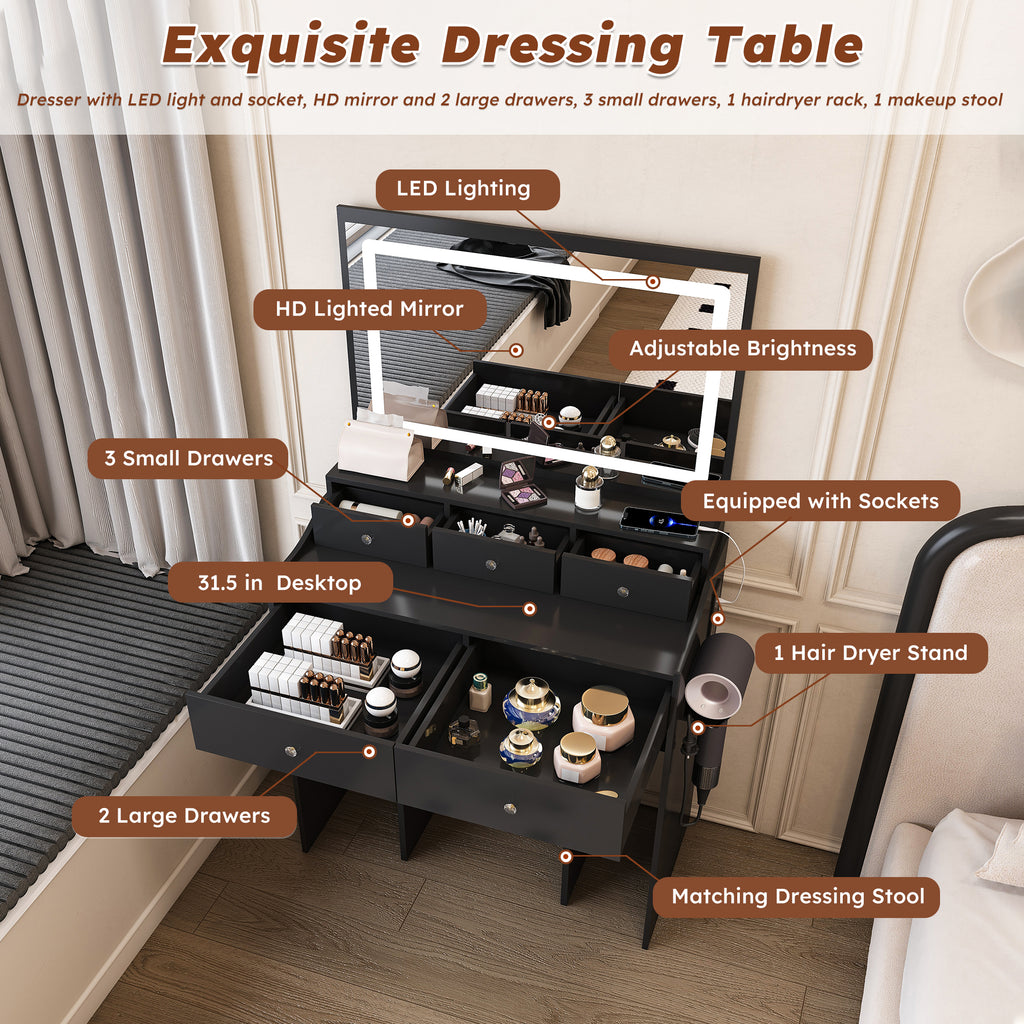 Modern Black Makeup Vanity Set with Power Outlet, Hair Dryer Holder, and Adjustable Lighting - Grand Goldman Shop