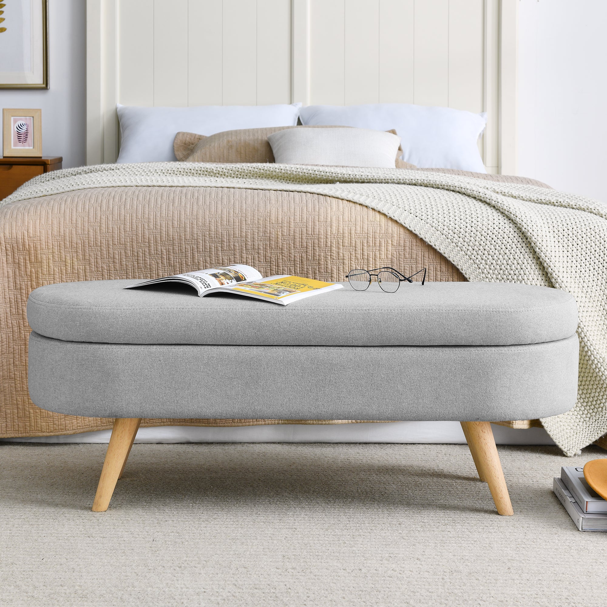 Ottoman Oval Storage Bench with Rubber Wood Legs, Grey Linen, 43.5'x16'x16' - Grand Goldman Shop