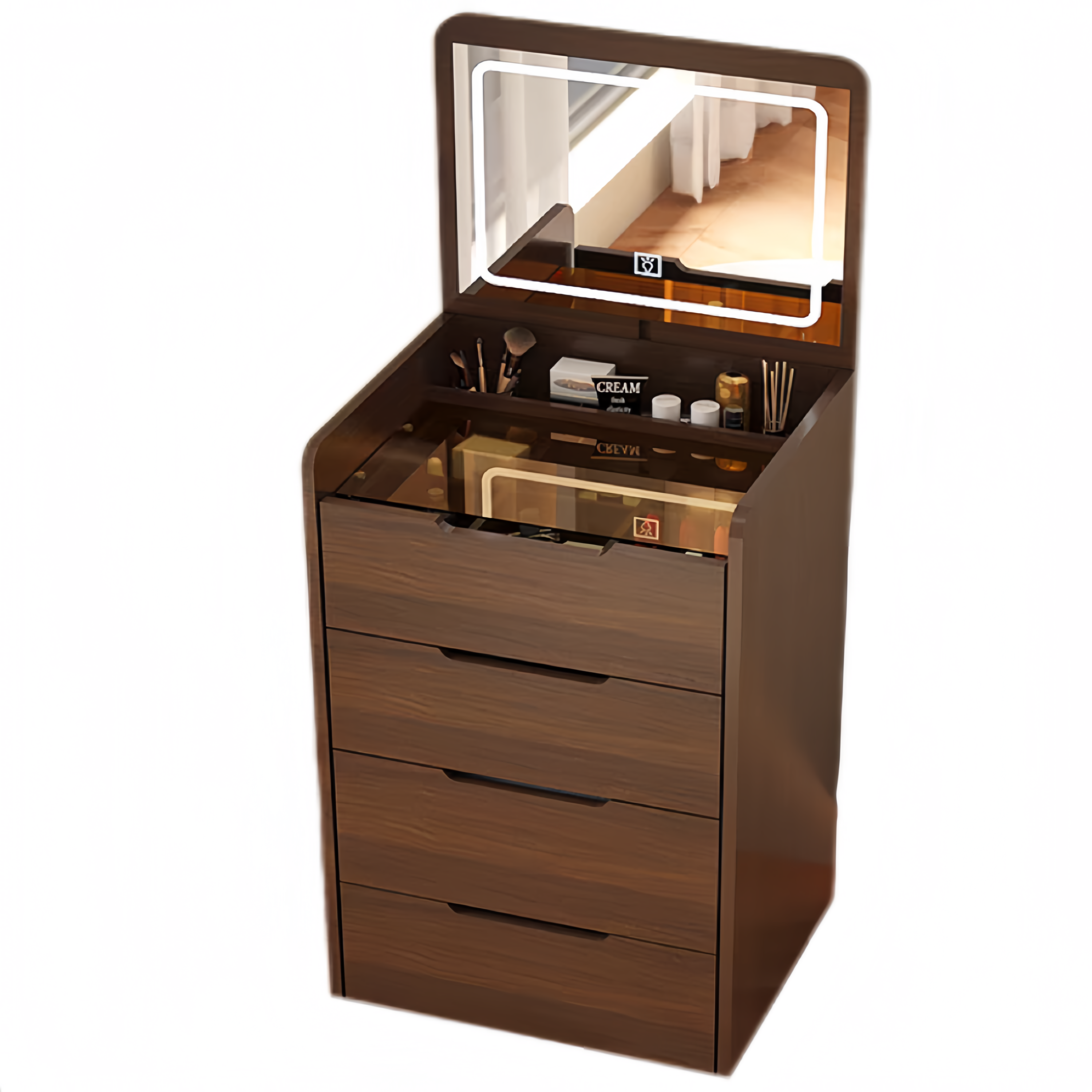 (60cm) 3 in 1 Vanity Desk with Plip Top Mirror, Small Make Up Vanity Set with Visible Glass Desktop, Compact Makeup Vanity with 3 Drawers, Dressing Table for Bedroom (Walnut Color) - Grand Goldman Shop
