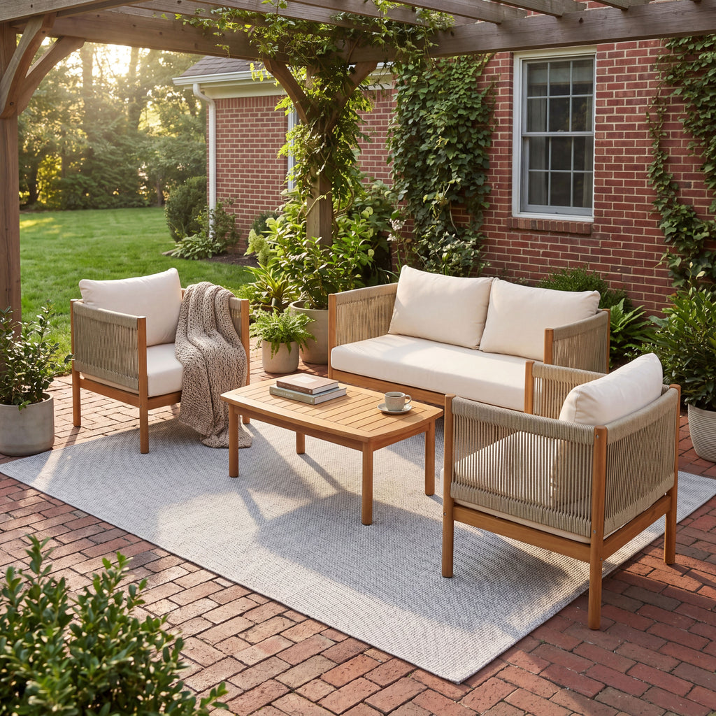 4-Piece Outdoor Sofa Set with Acacia Wood Frame in Teak Look, Beige Rope Panels and Cream Cushions