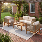 4-Piece Outdoor Sofa Set with Acacia Wood Frame in Teak Look, Beige Rope Panels and Cream Cushions