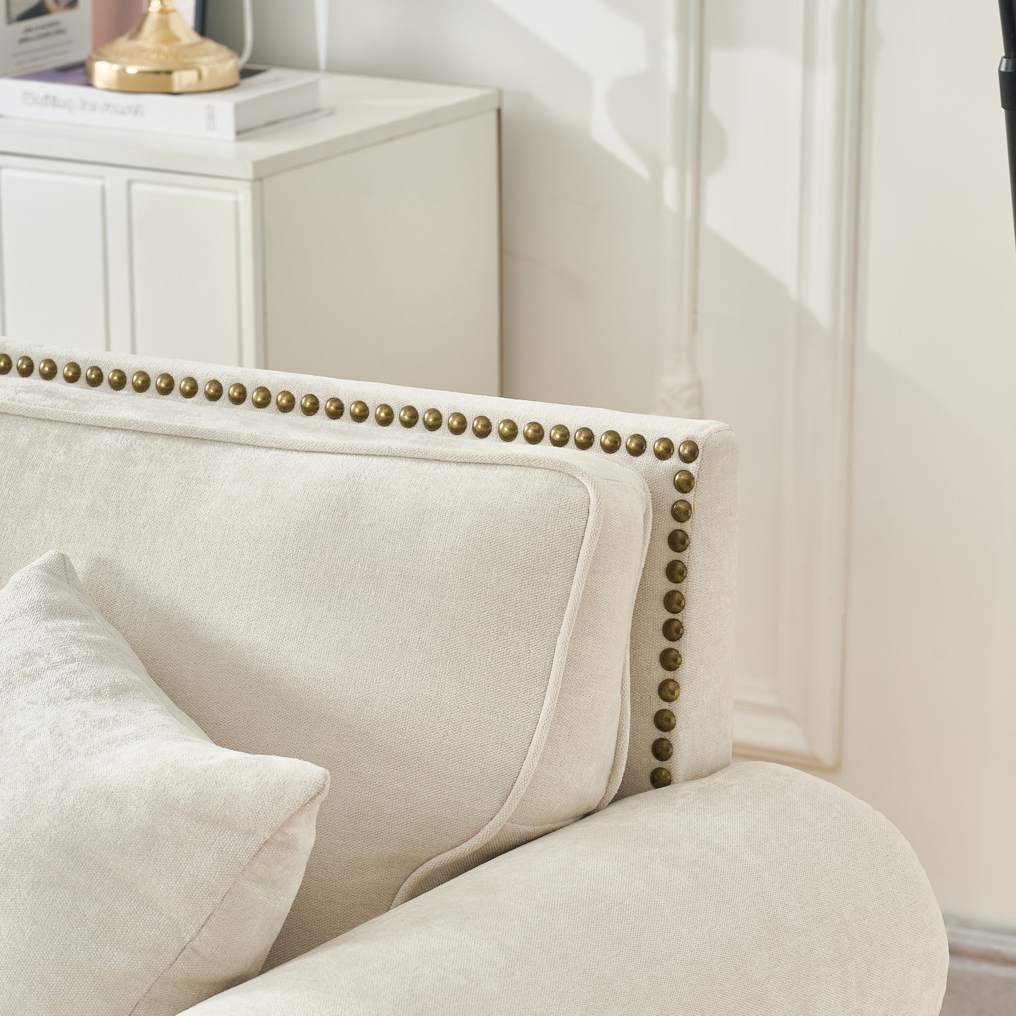 Modern 2-Seater Sofa with Rolled Arms, Tufted Upholstery, Wood Legs, Nailhead Trim, Beige Fabric, 63' - Grand Goldman Shop