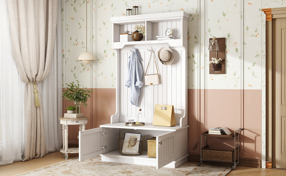 Hall Tree with Storage Shoe Bench for Entryway and Hallway, 4-in-1 Design Coat Racks with Hooks for Living Room, White - Grand Goldman Shop