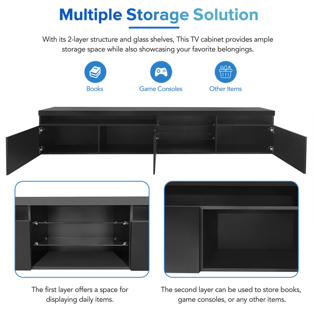 Unique Design TV Stand with 2 Glass Shelves, Ample Storage Space Media Console for TVs Up to 105', Versatile TV Cabinet with LED Color Changing Lights for Living Room, Black (OLD SKU: WF314584AAB) - Grand Goldman Shop