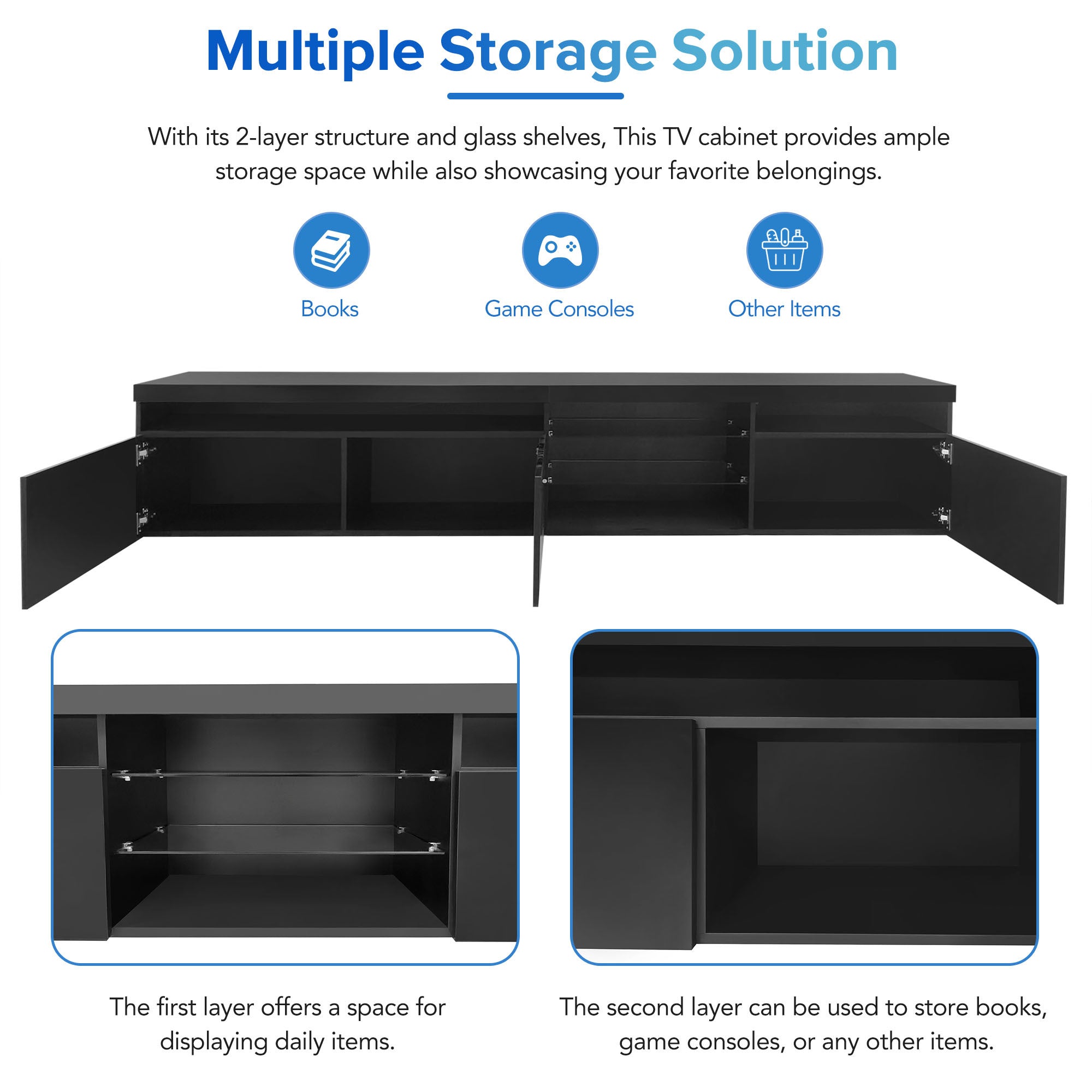 Unique Design TV Stand with 2 Glass Shelves, Ample Storage Space Media Console for TVs Up to 105', Versatile TV Cabinet with LED Color Changing Lights for Living Room, Black (OLD SKU: WF314584AAB) - Grand Goldman Shop